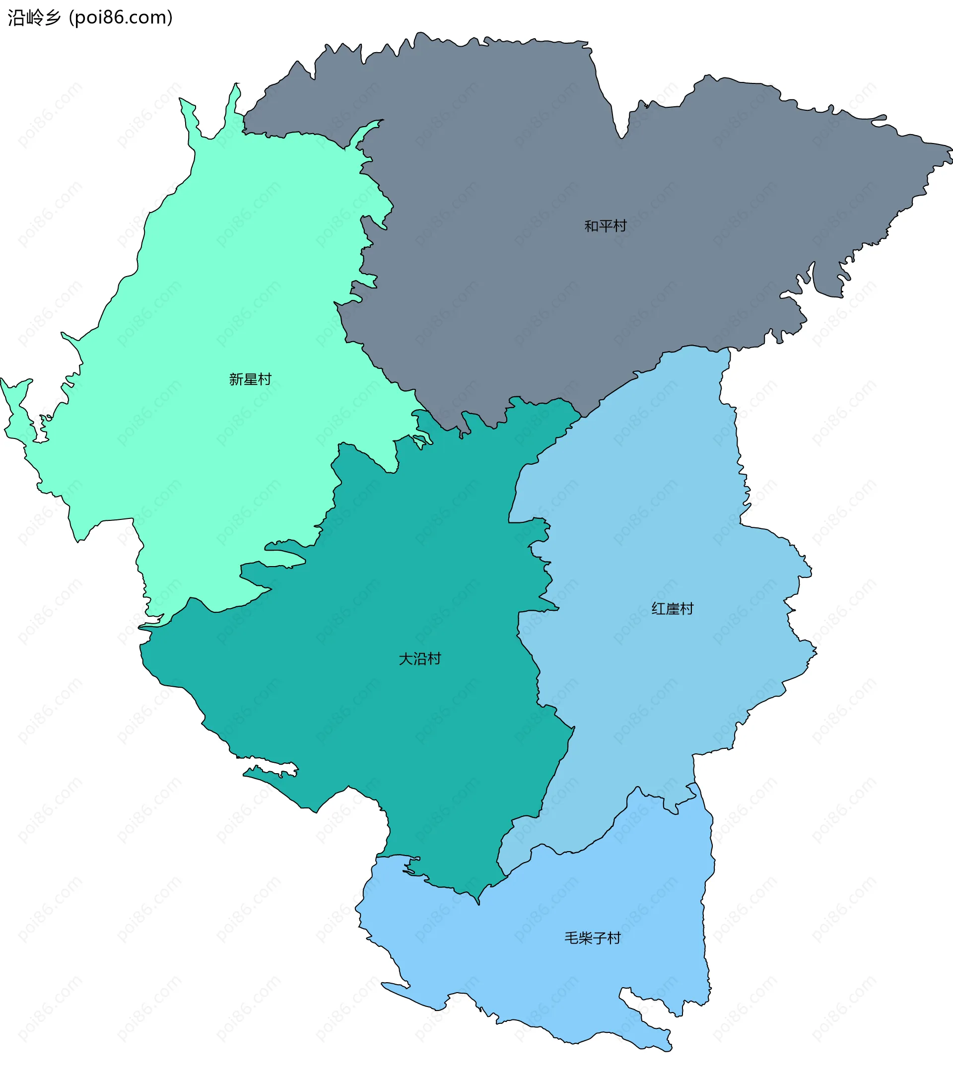 沿岭乡边界地图(五级行政区划)