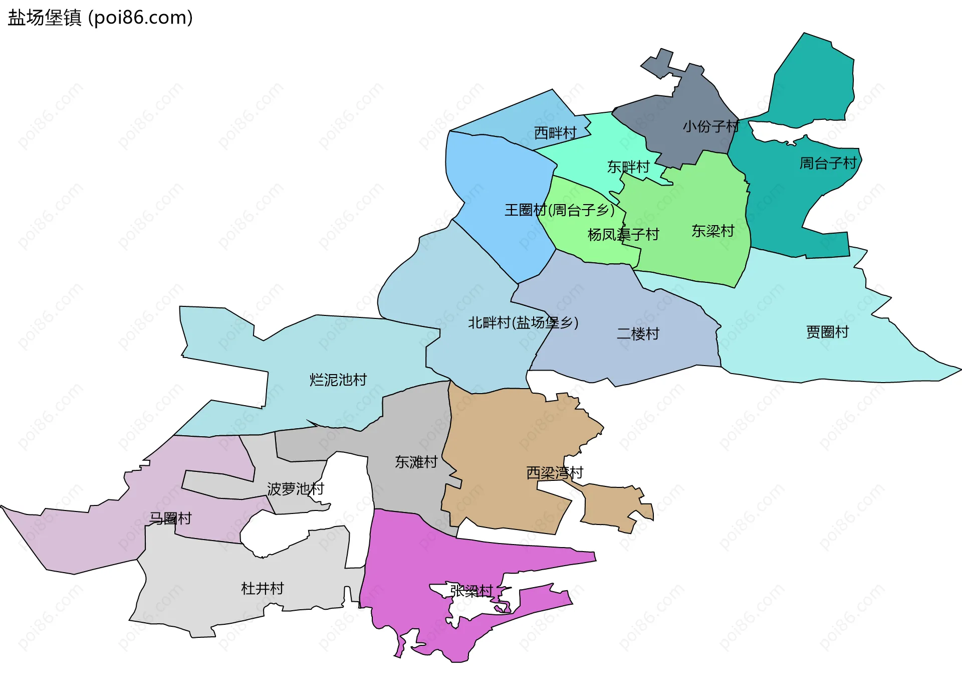 盐场堡镇边界地图(五级行政区划)