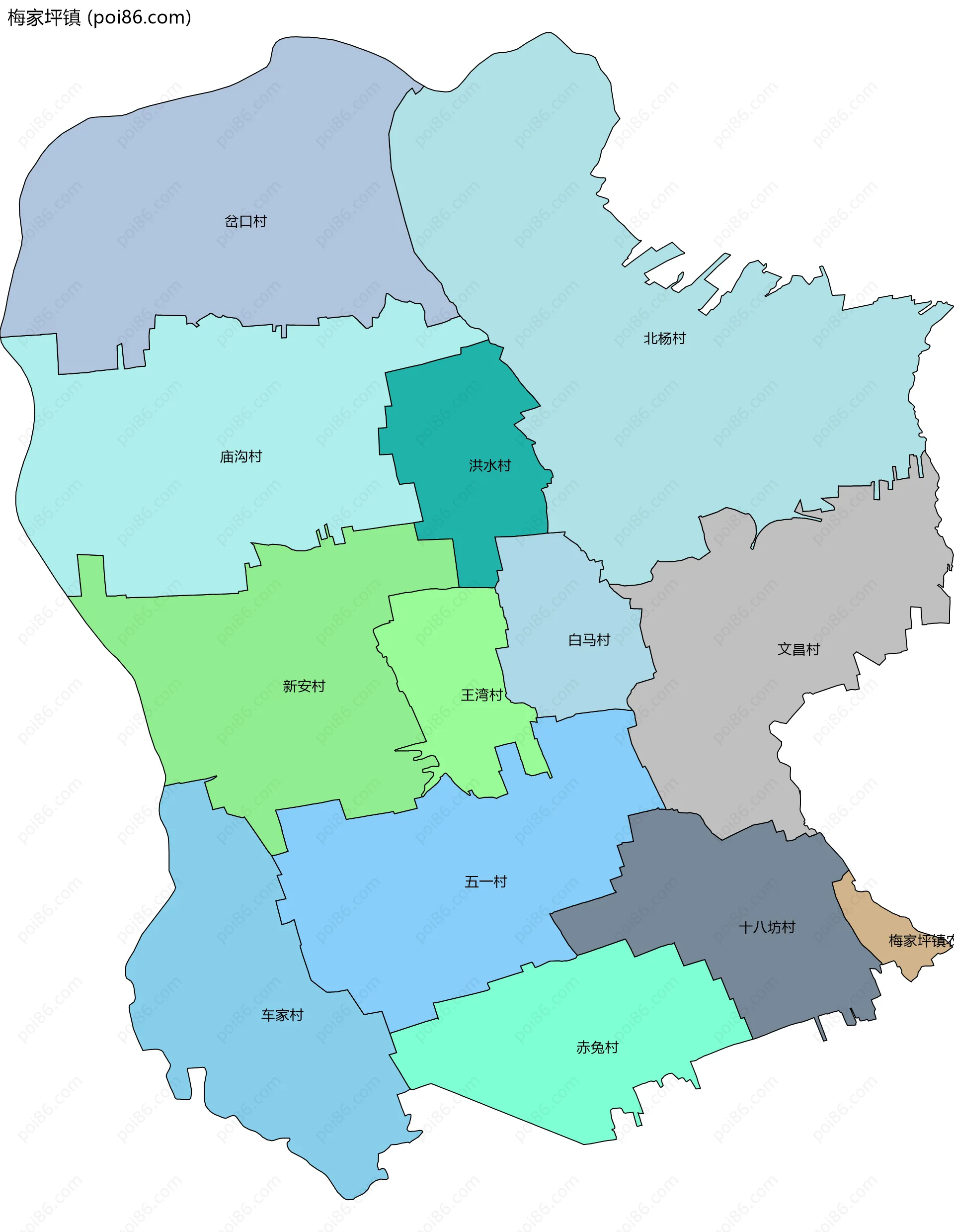 梅家坪镇边界地图(五级行政区划)