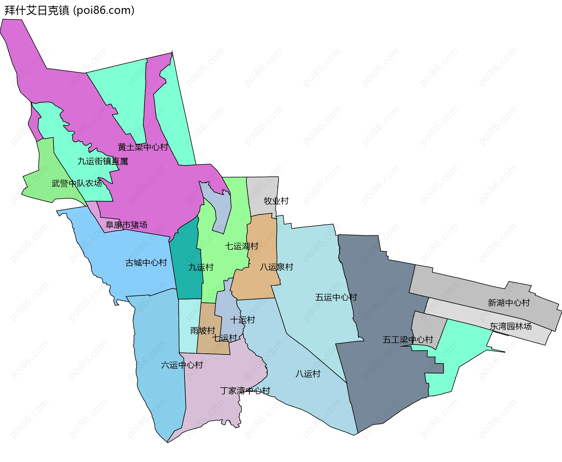拜什艾日克镇边界地图(五级行政区划)