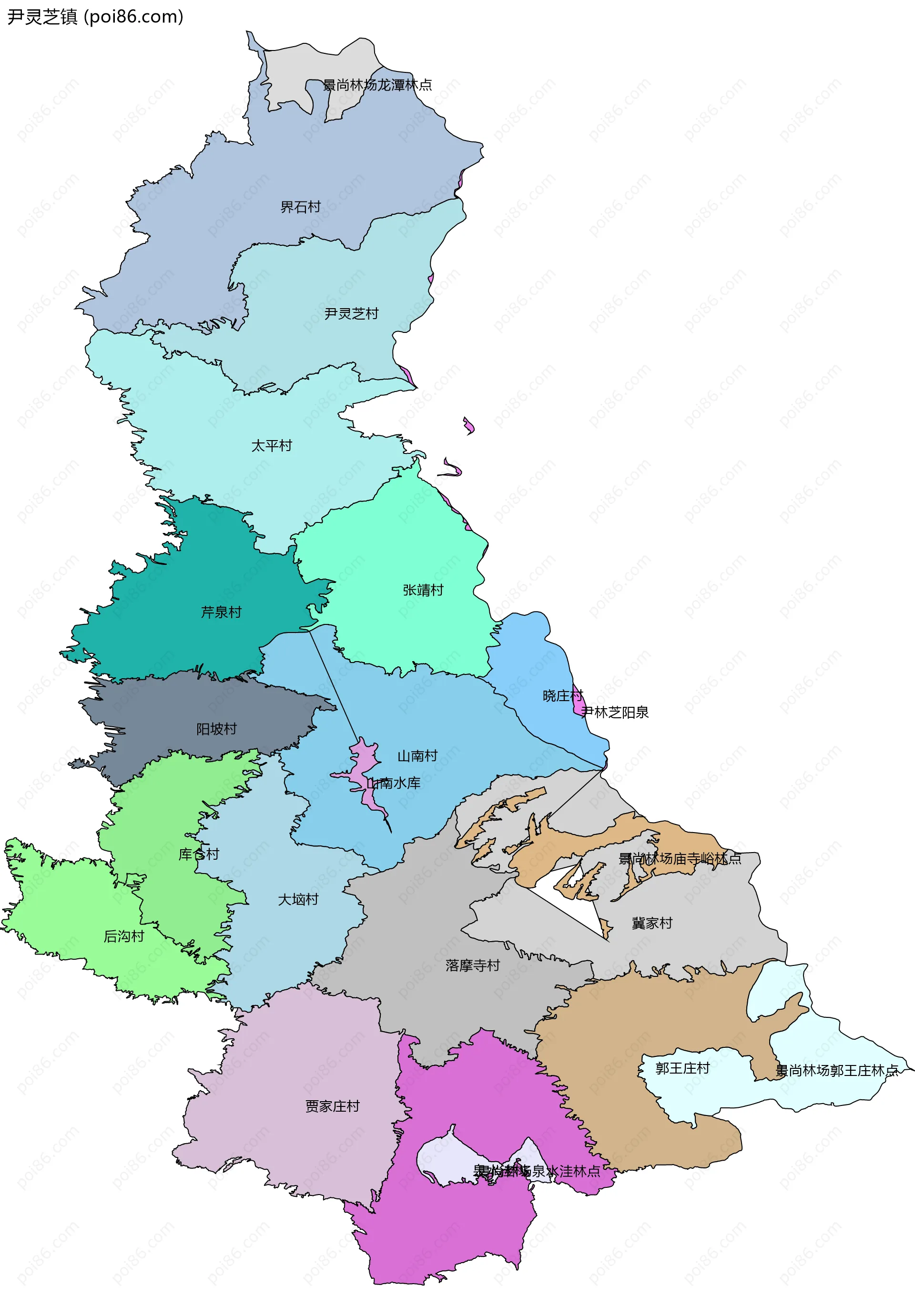 尹灵芝镇边界地图(五级行政区划)