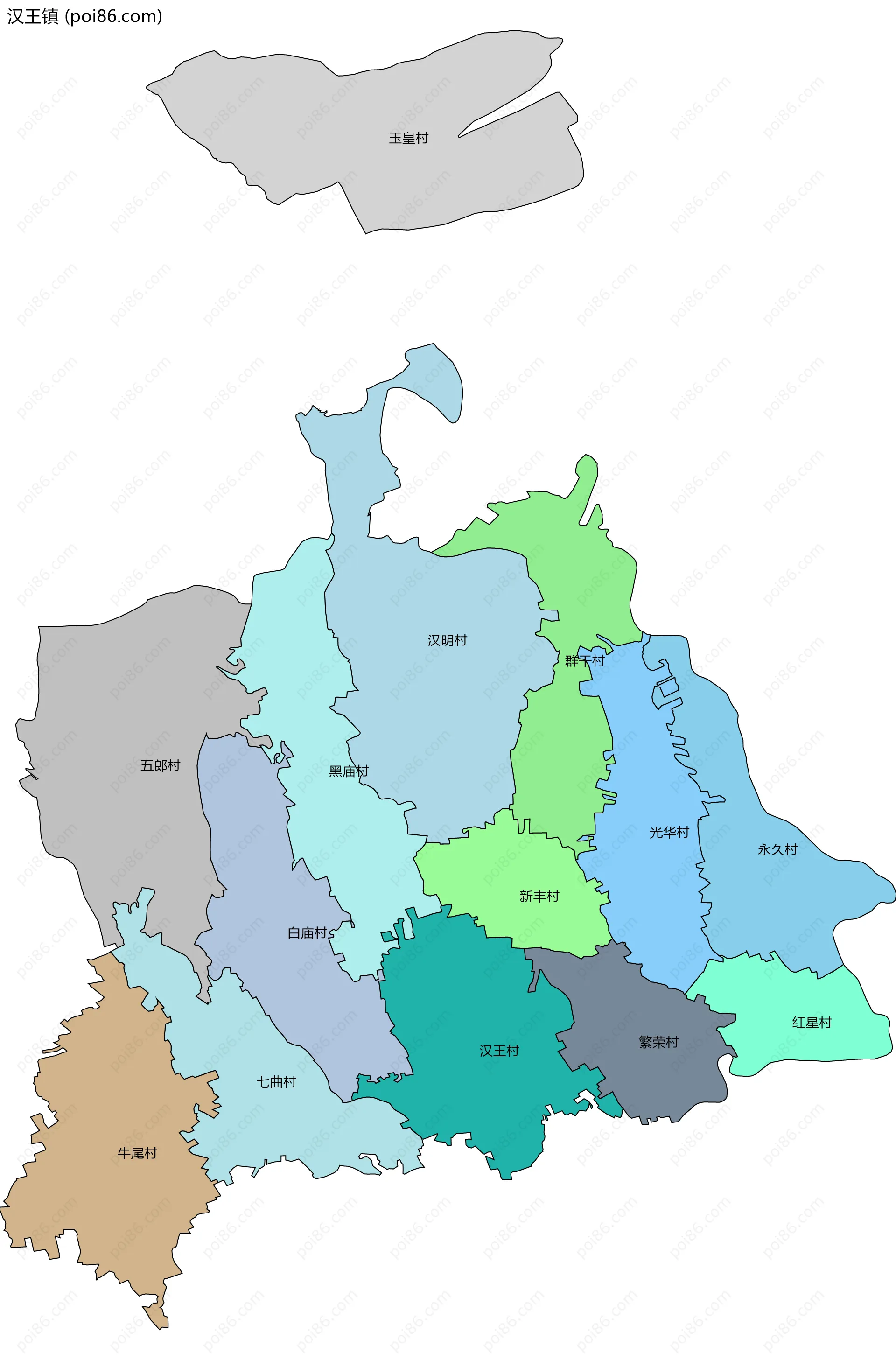 汉王镇边界地图(五级行政区划)