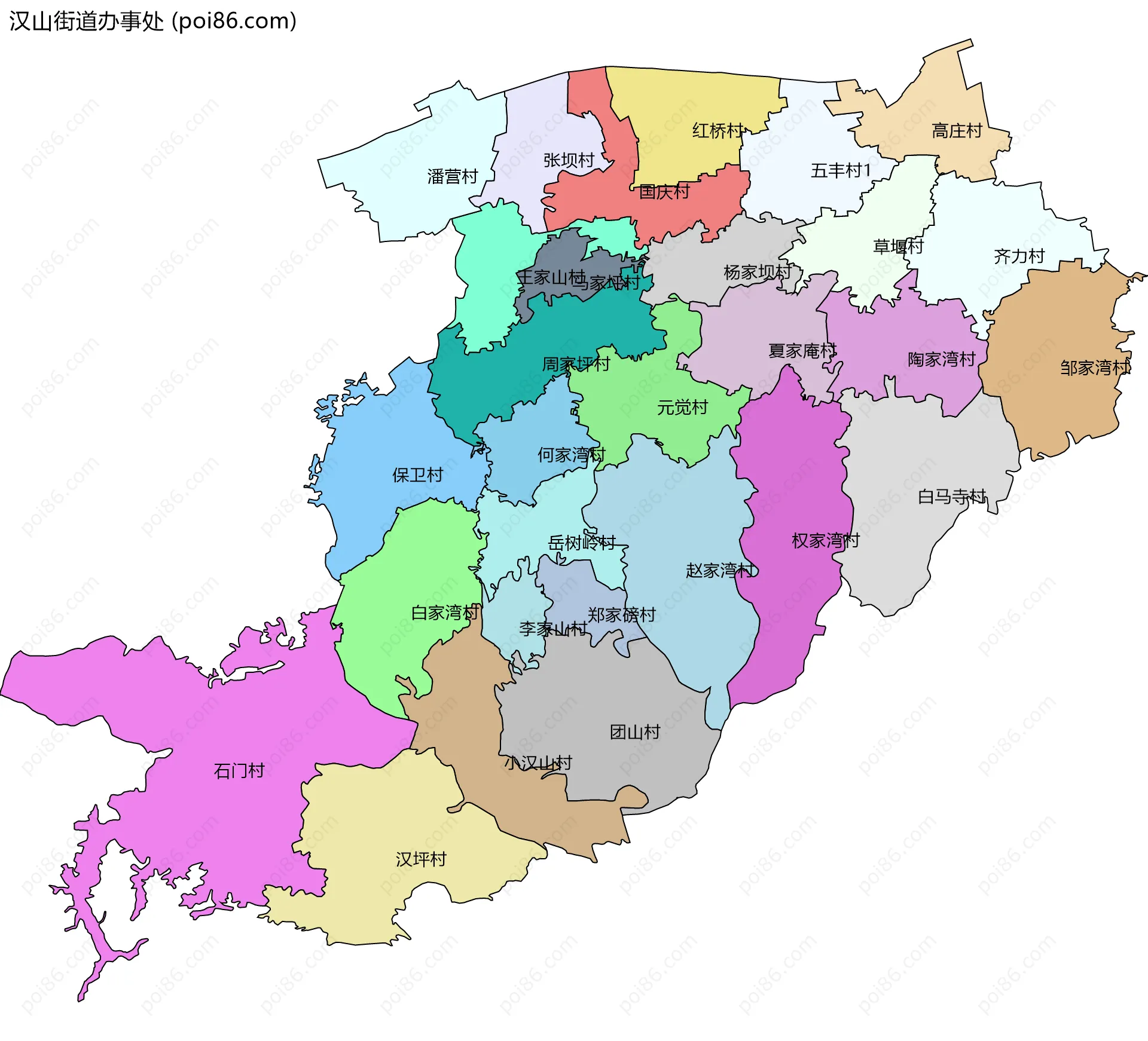 汉山街道办事处边界地图(五级行政区划)
