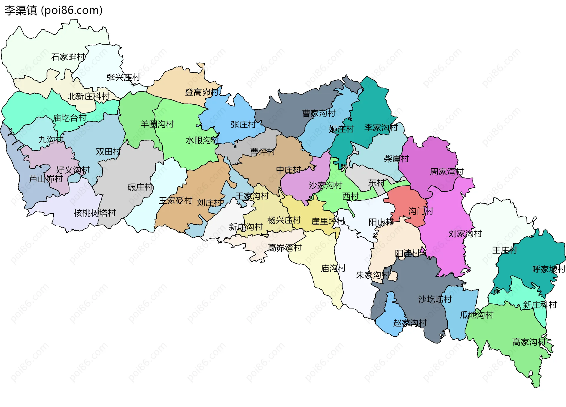 李渠镇边界地图(五级行政区划)