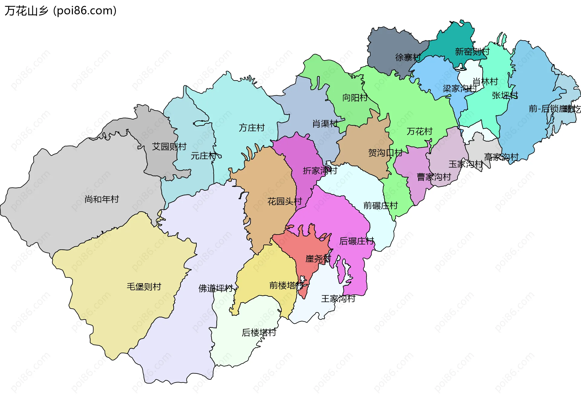 万花山乡边界地图(五级行政区划)