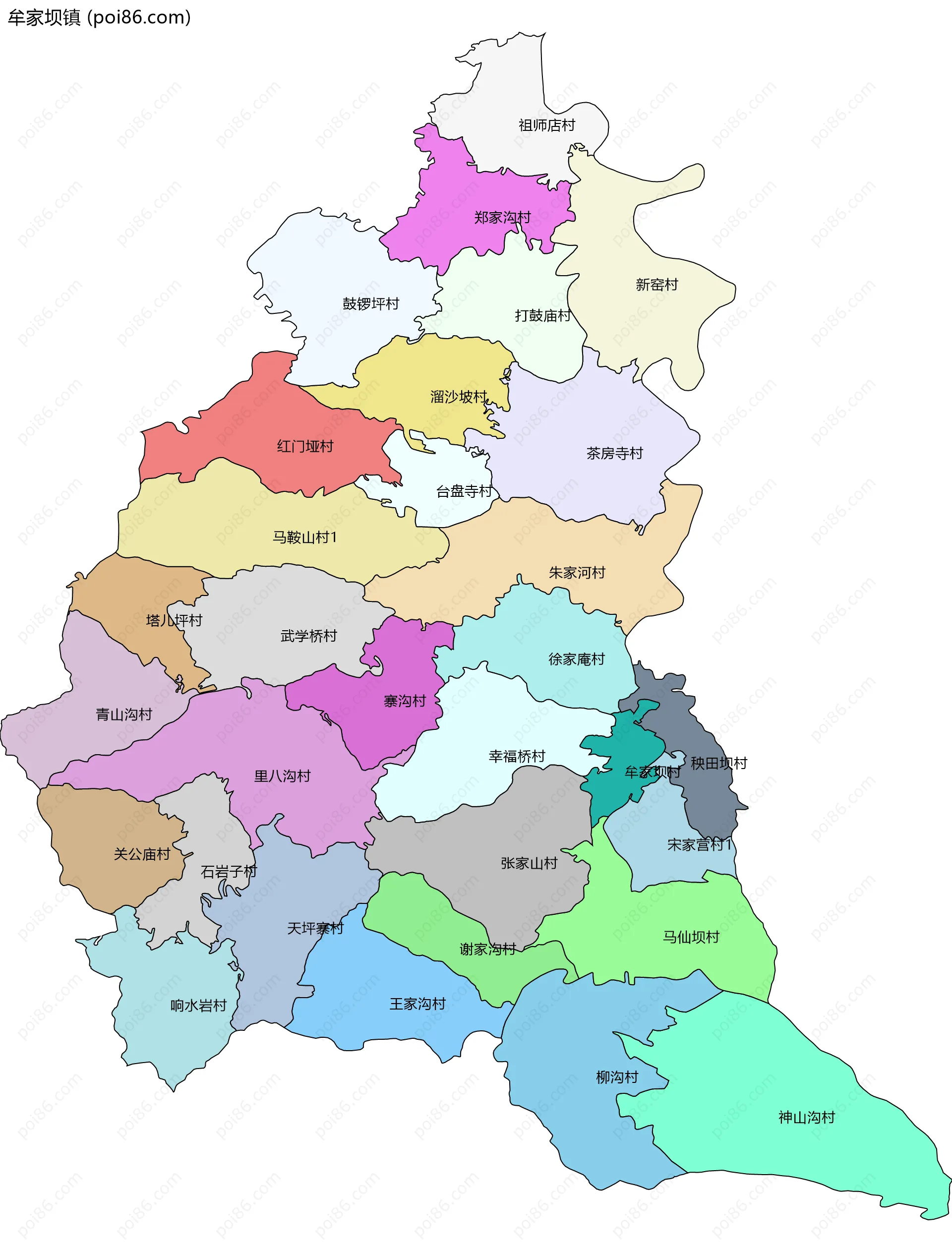 牟家坝镇边界地图(五级行政区划)