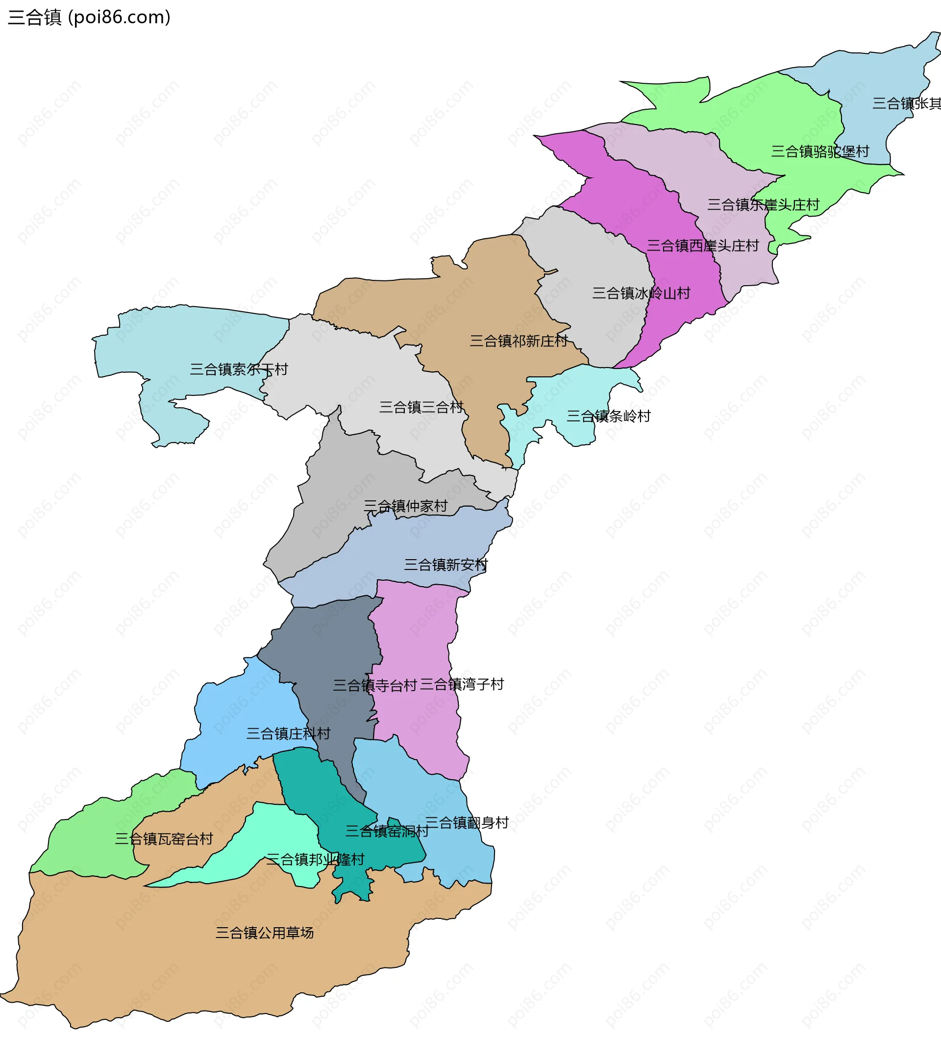 三合镇边界地图(五级行政区划)