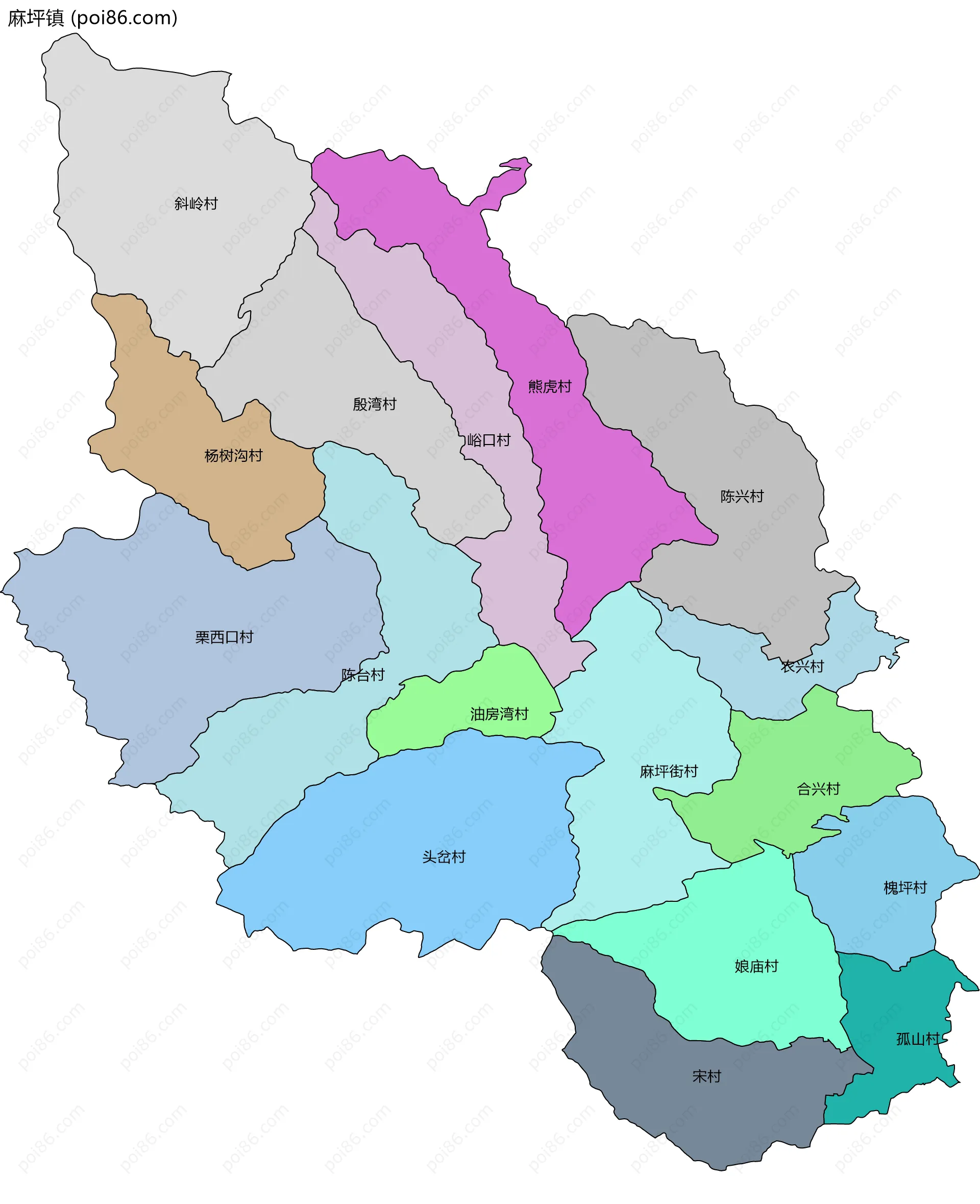 麻坪镇边界地图(五级行政区划)