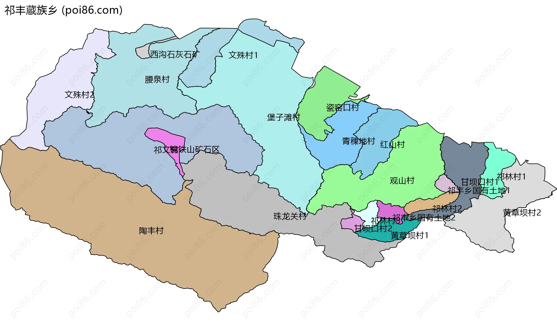 祁丰蔵族乡边界地图(五级行政区划)