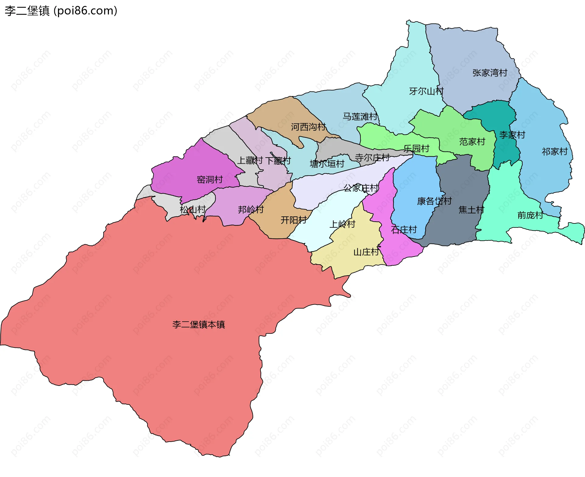 李二堡镇边界地图(五级行政区划)