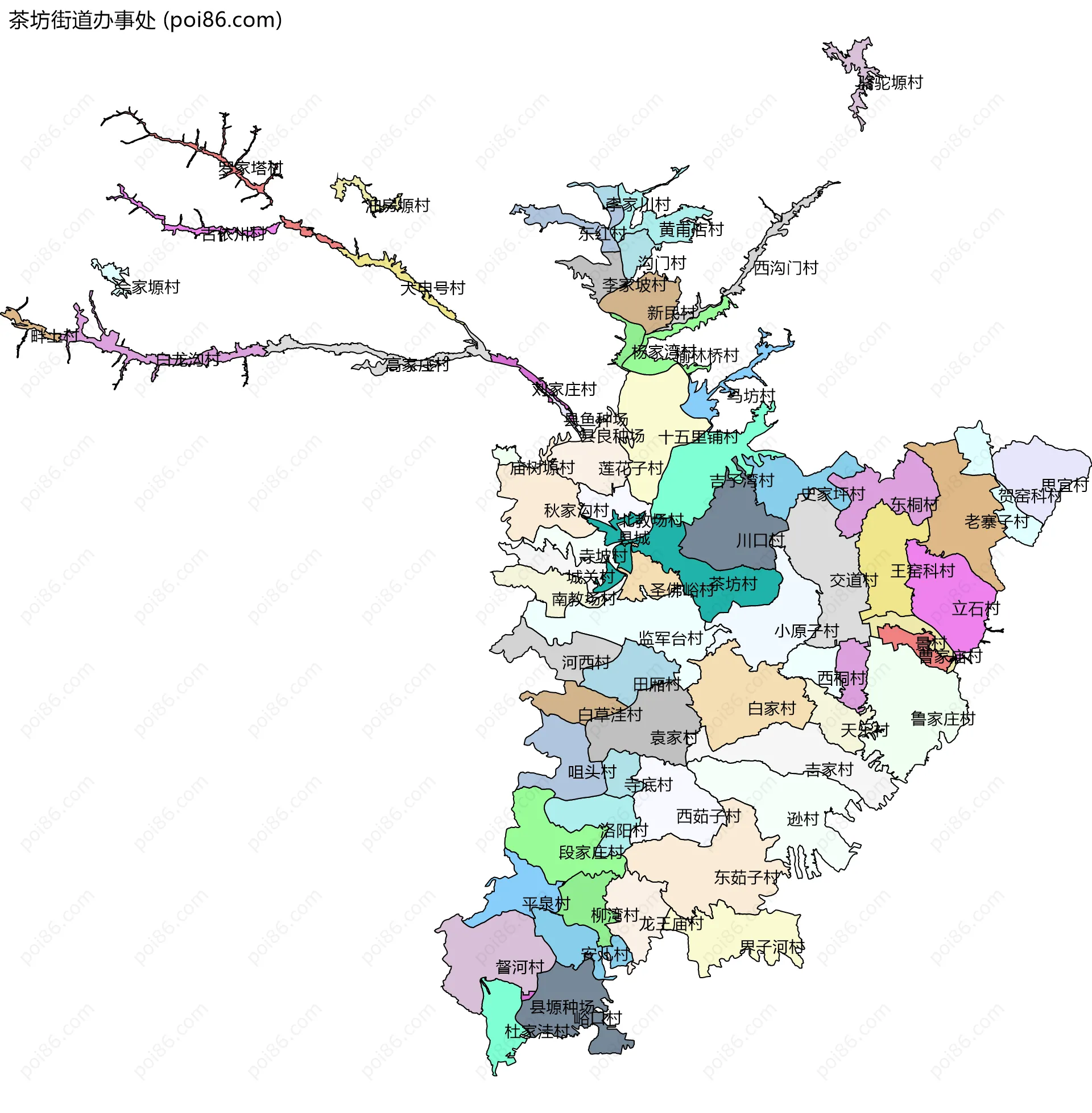茶坊街道办事处边界地图(五级行政区划)