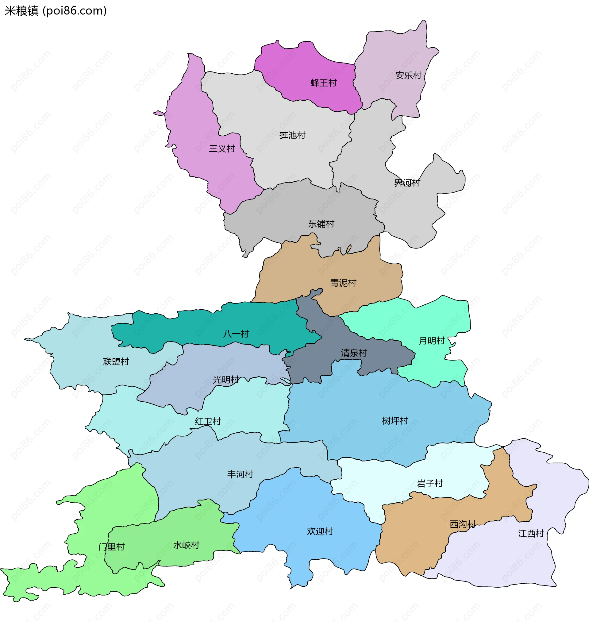 米粮镇边界地图(五级行政区划)
