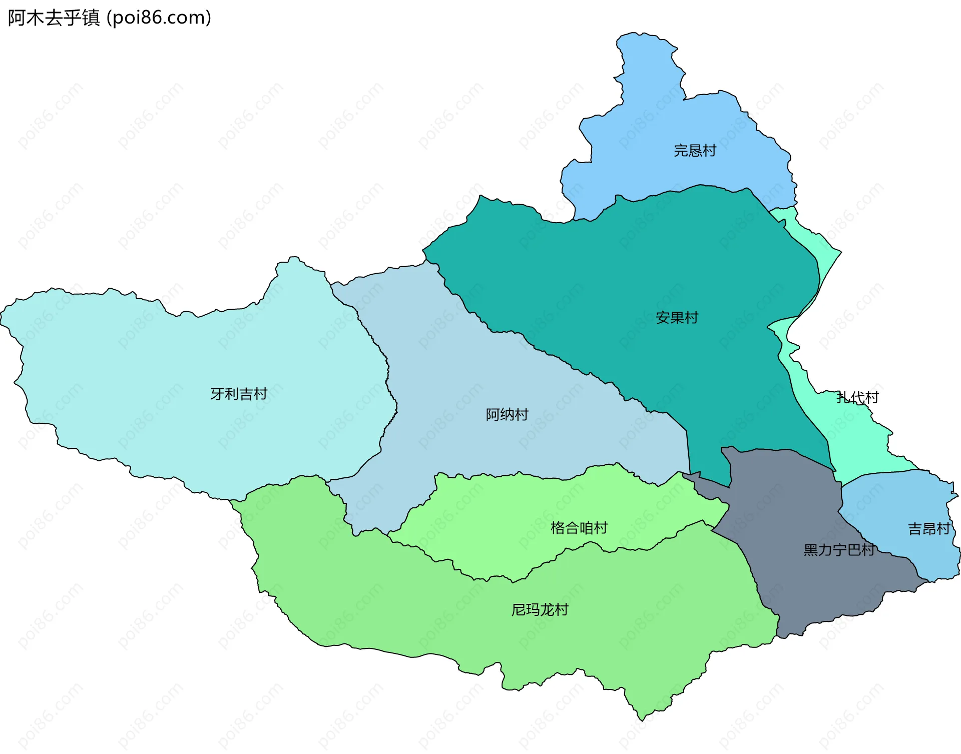 阿木去乎镇边界地图(五级行政区划)