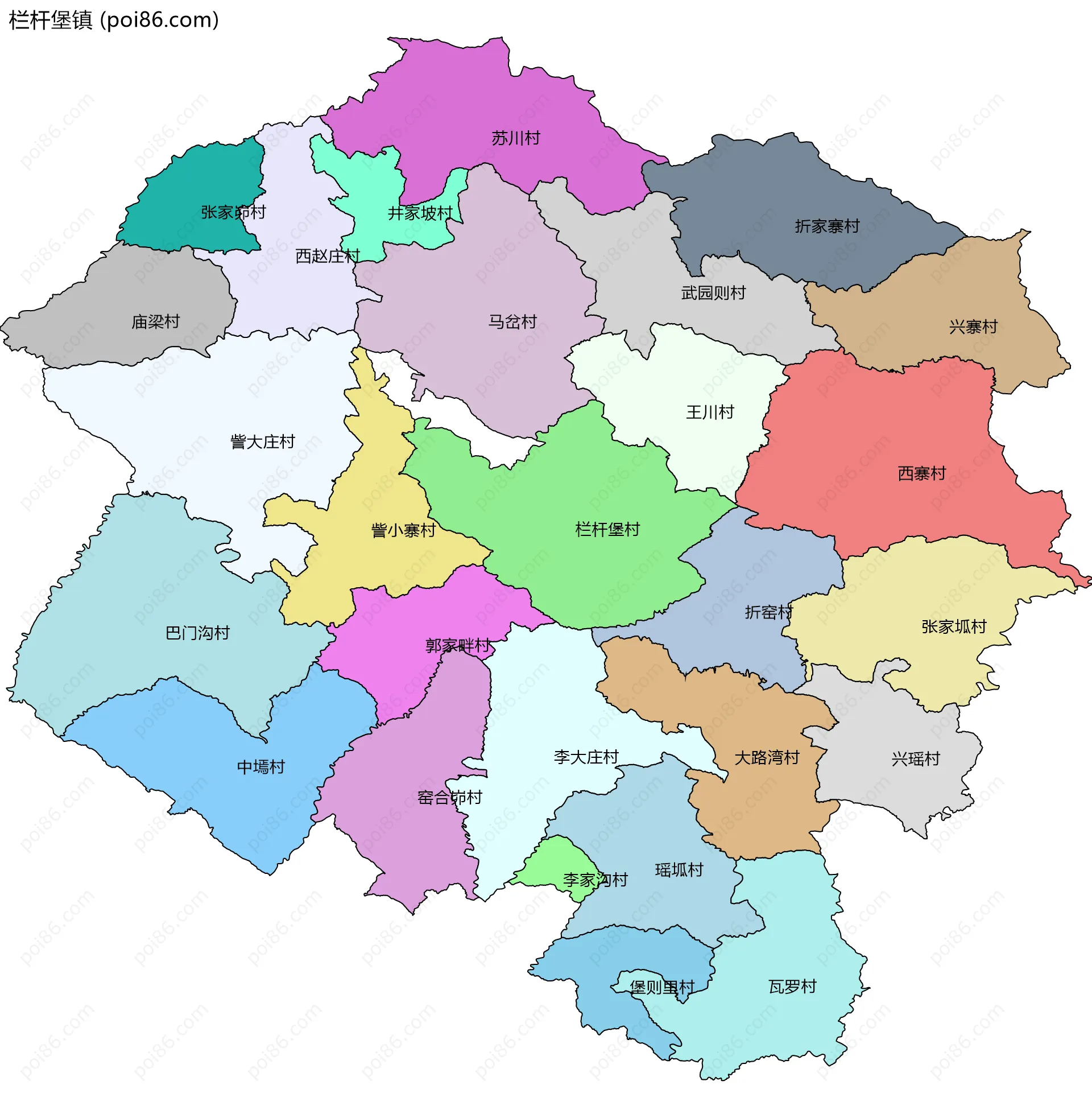 栏杆堡镇边界地图(五级行政区划)