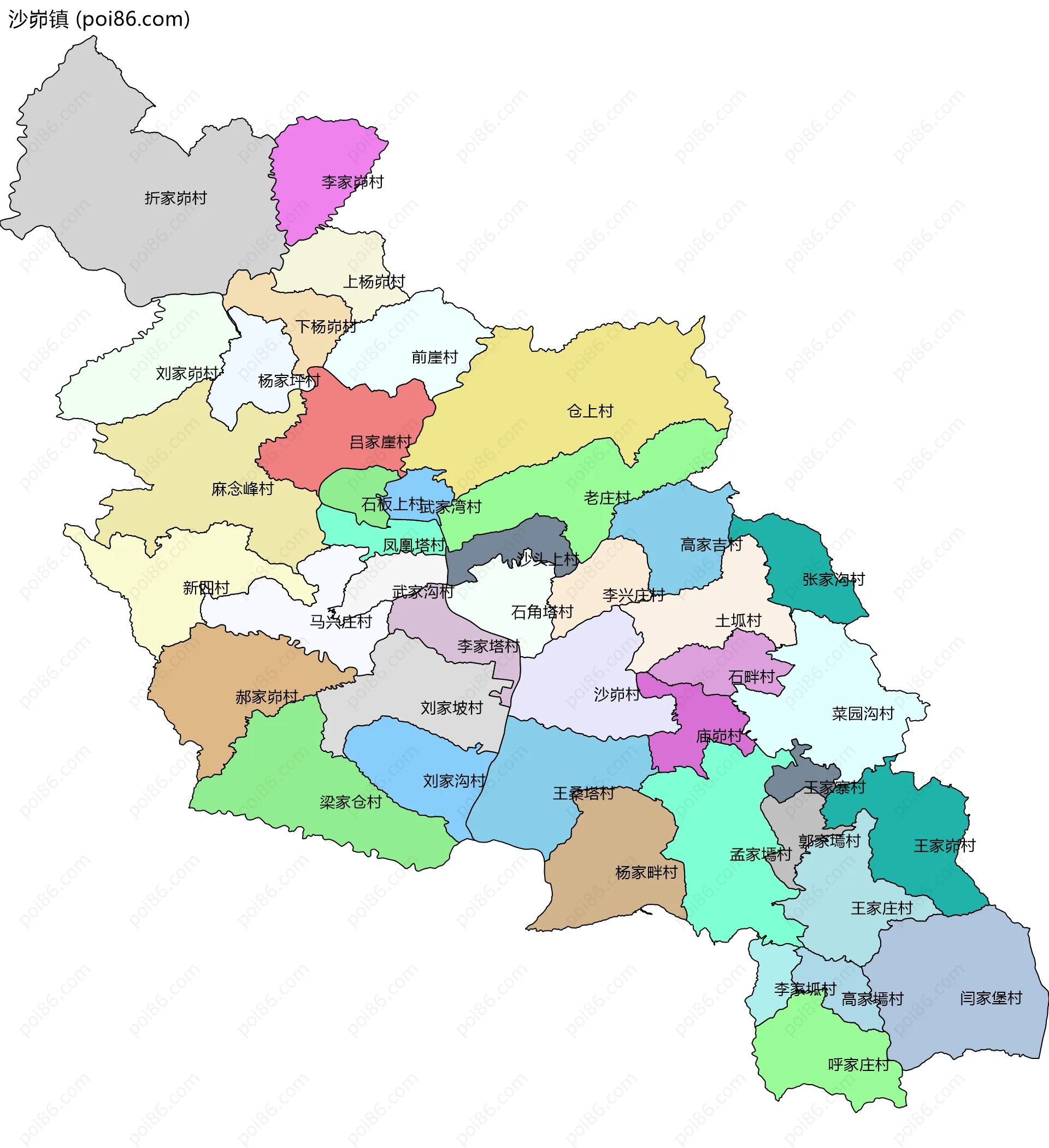 沙峁镇边界地图(五级行政区划)