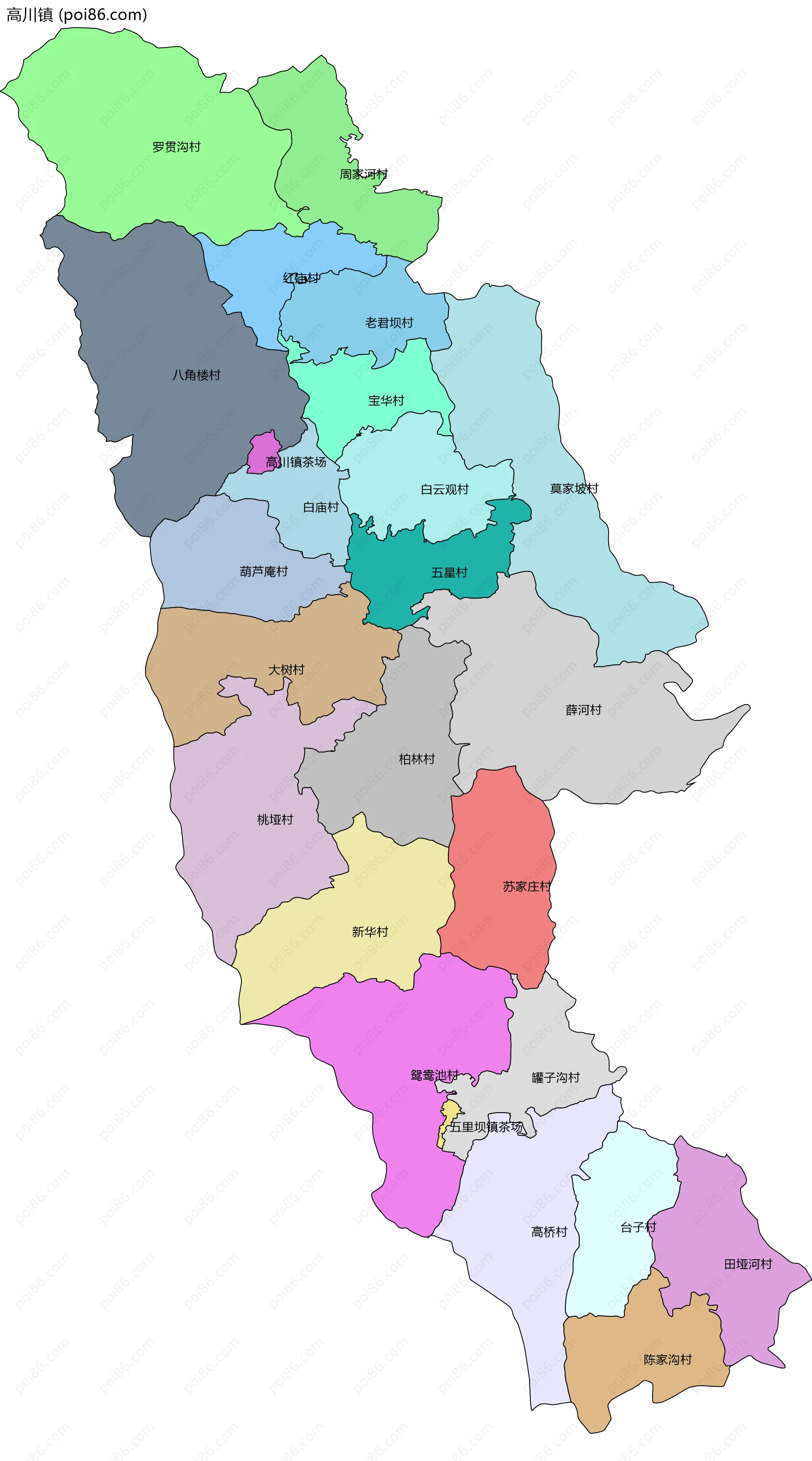 高川镇边界地图(五级行政区划)