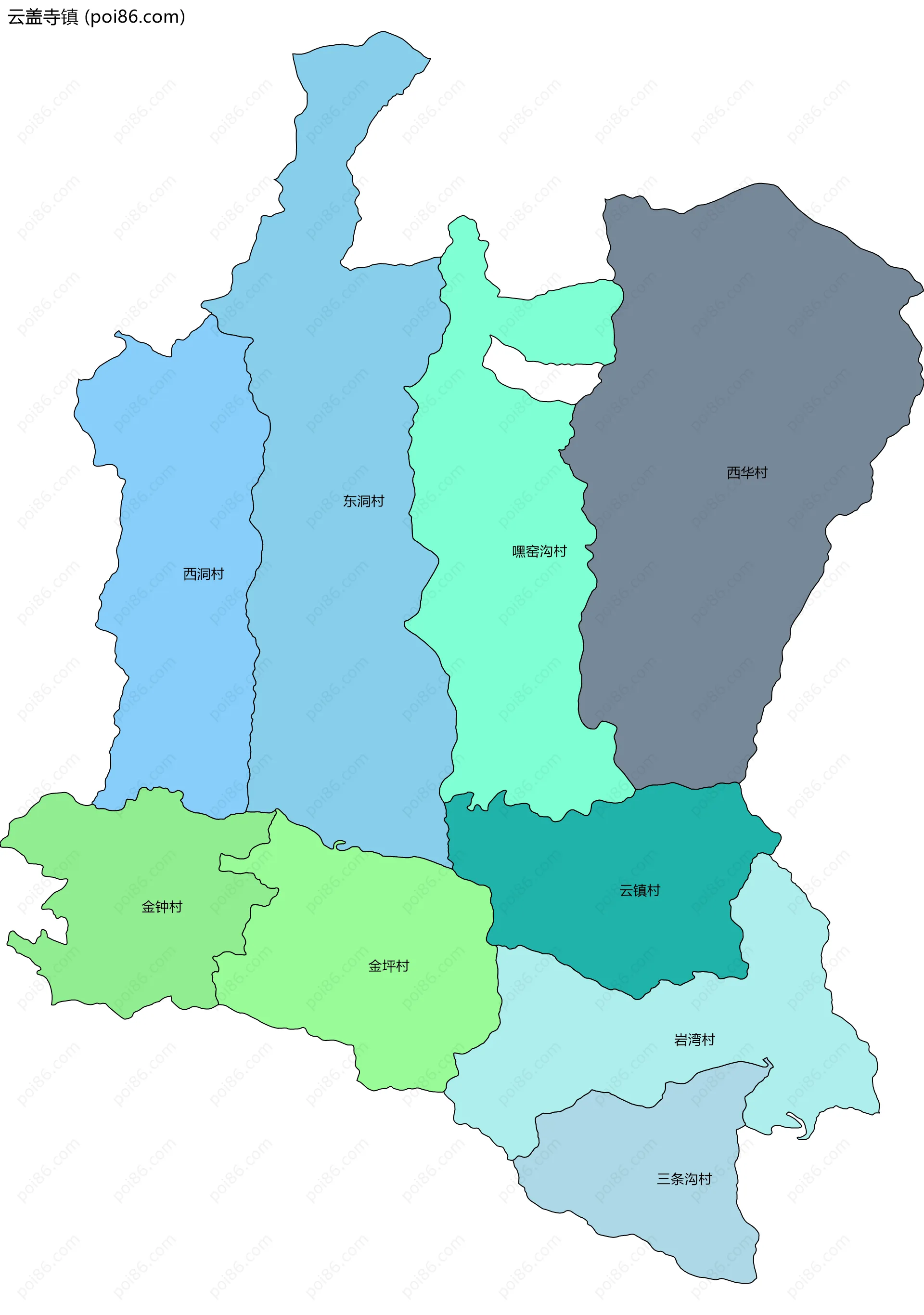 云盖寺镇边界地图(五级行政区划)
