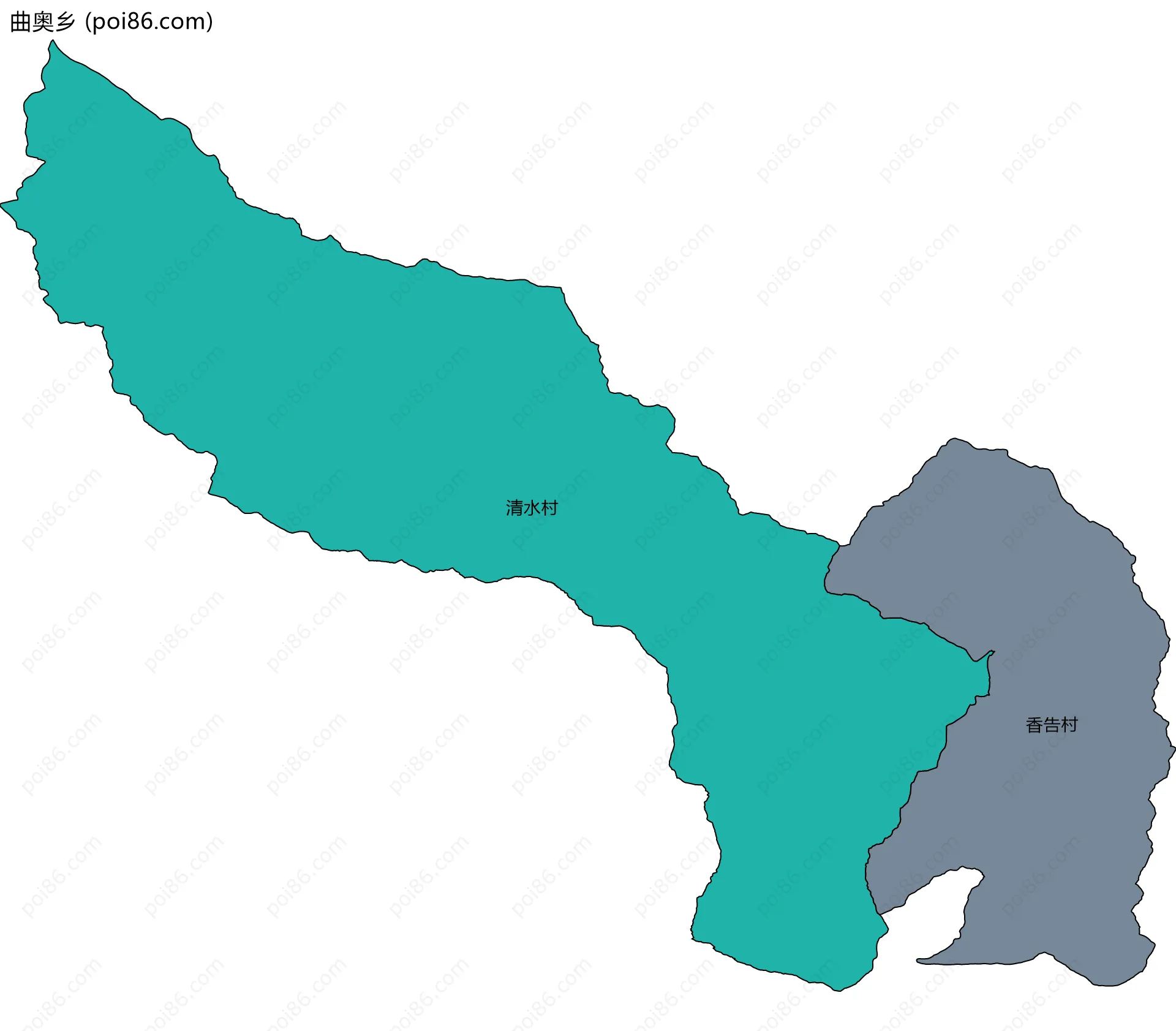 曲奥乡边界地图(五级行政区划)