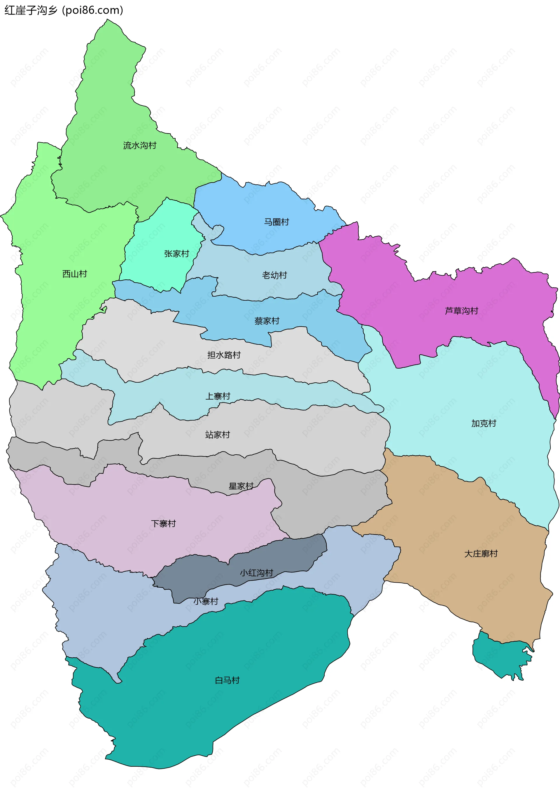 红崖子沟乡边界地图(五级行政区划)