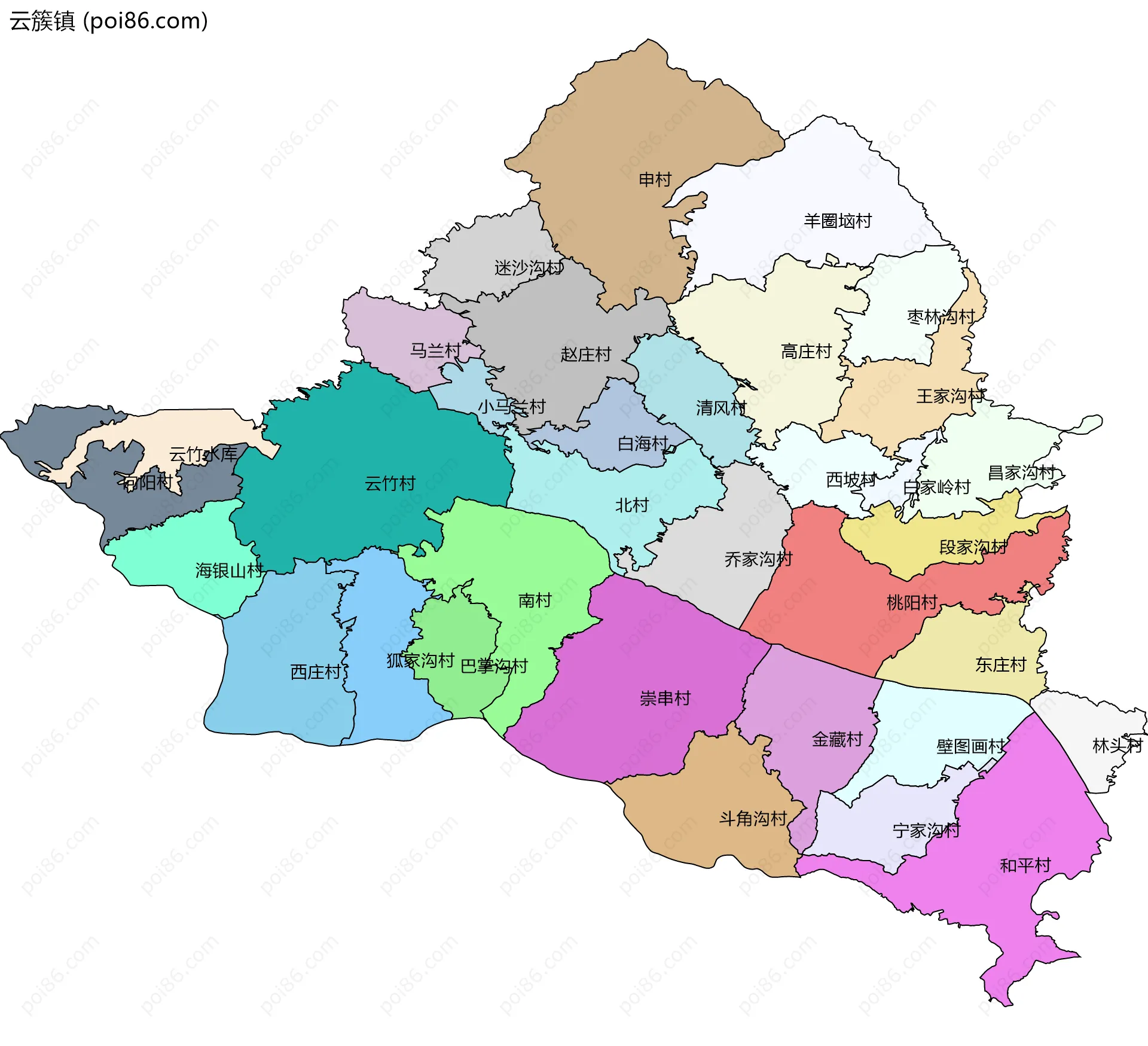 云簇镇边界地图(五级行政区划)
