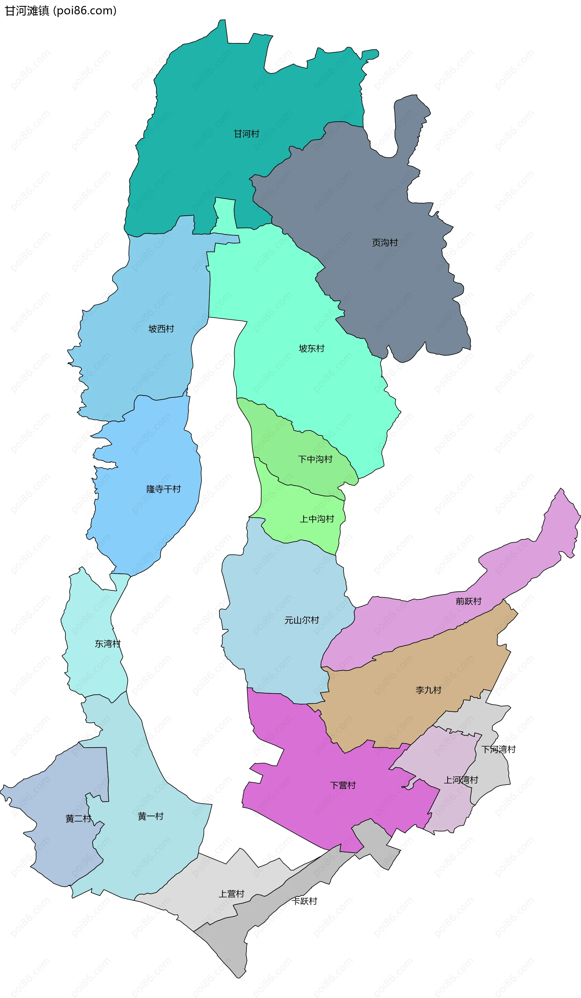 甘河滩镇边界地图(五级行政区划)