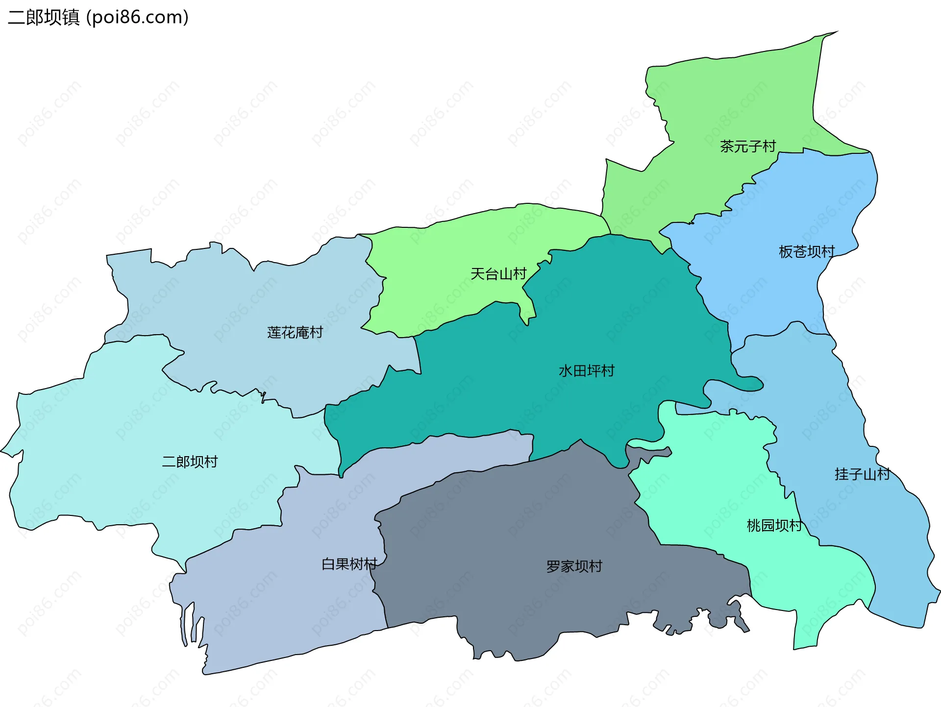 二郎坝镇边界地图(五级行政区划)