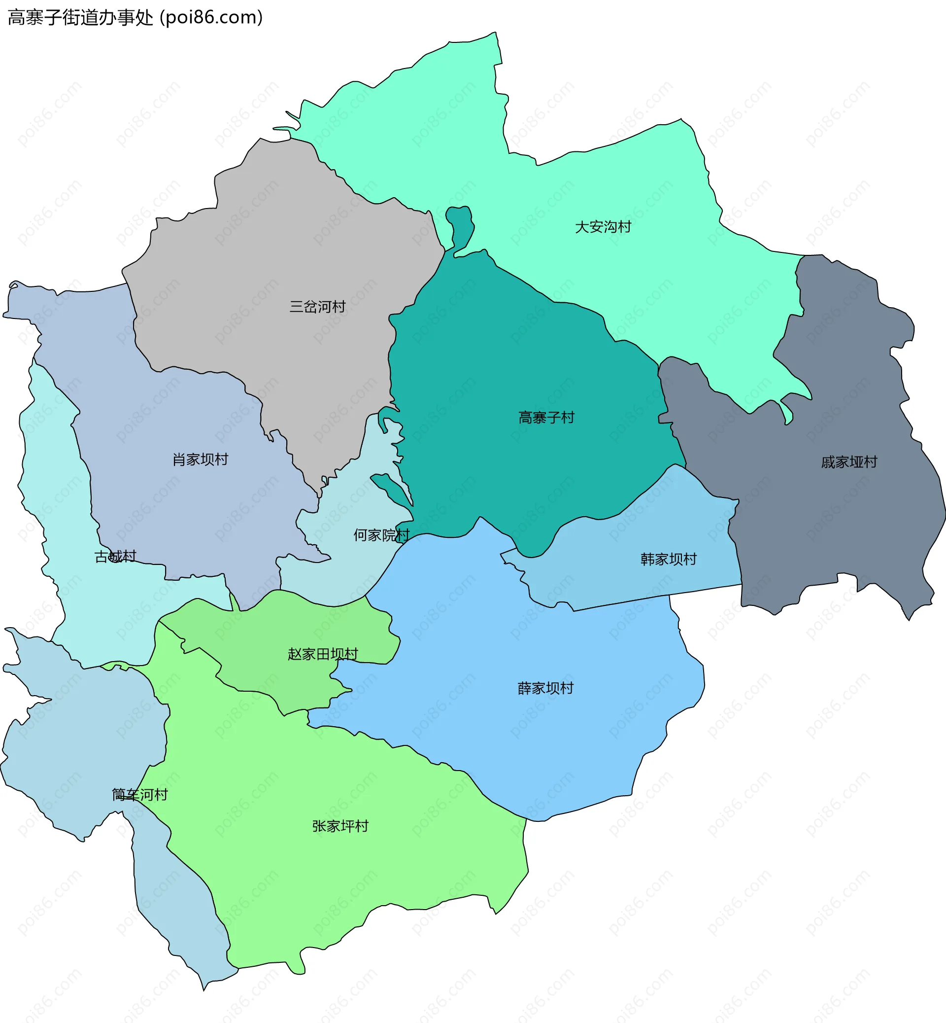 高寨子街道办事处边界地图(五级行政区划)