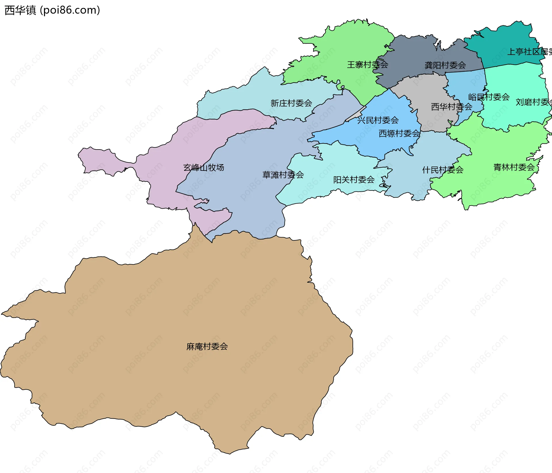 西华镇边界地图(五级行政区划)