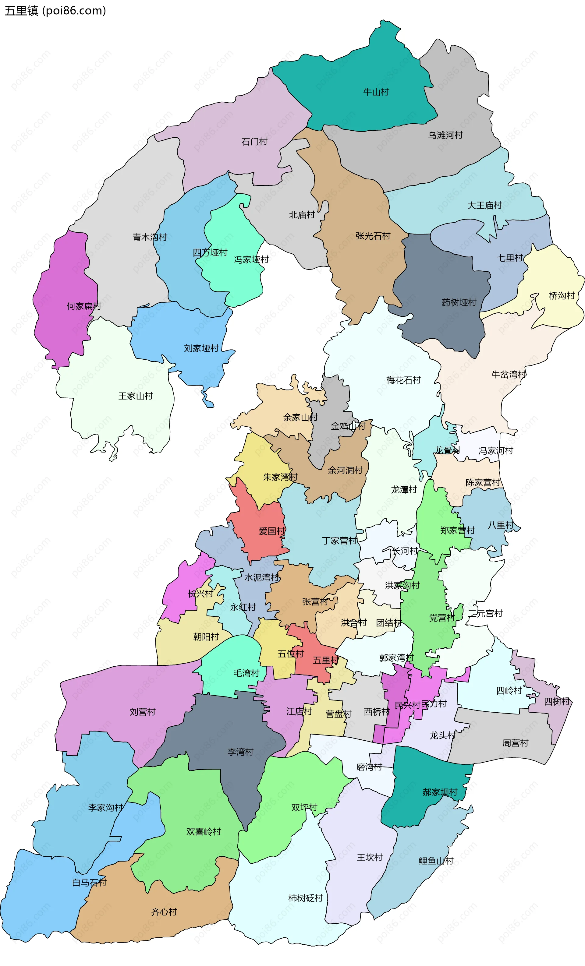 五里镇边界地图(五级行政区划)