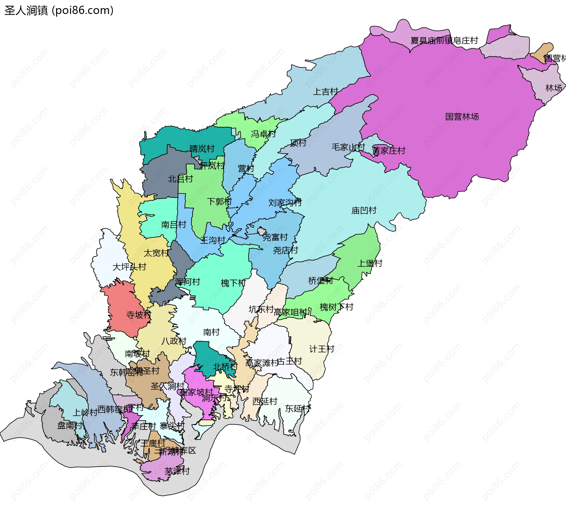 圣人涧镇边界地图(五级行政区划)
