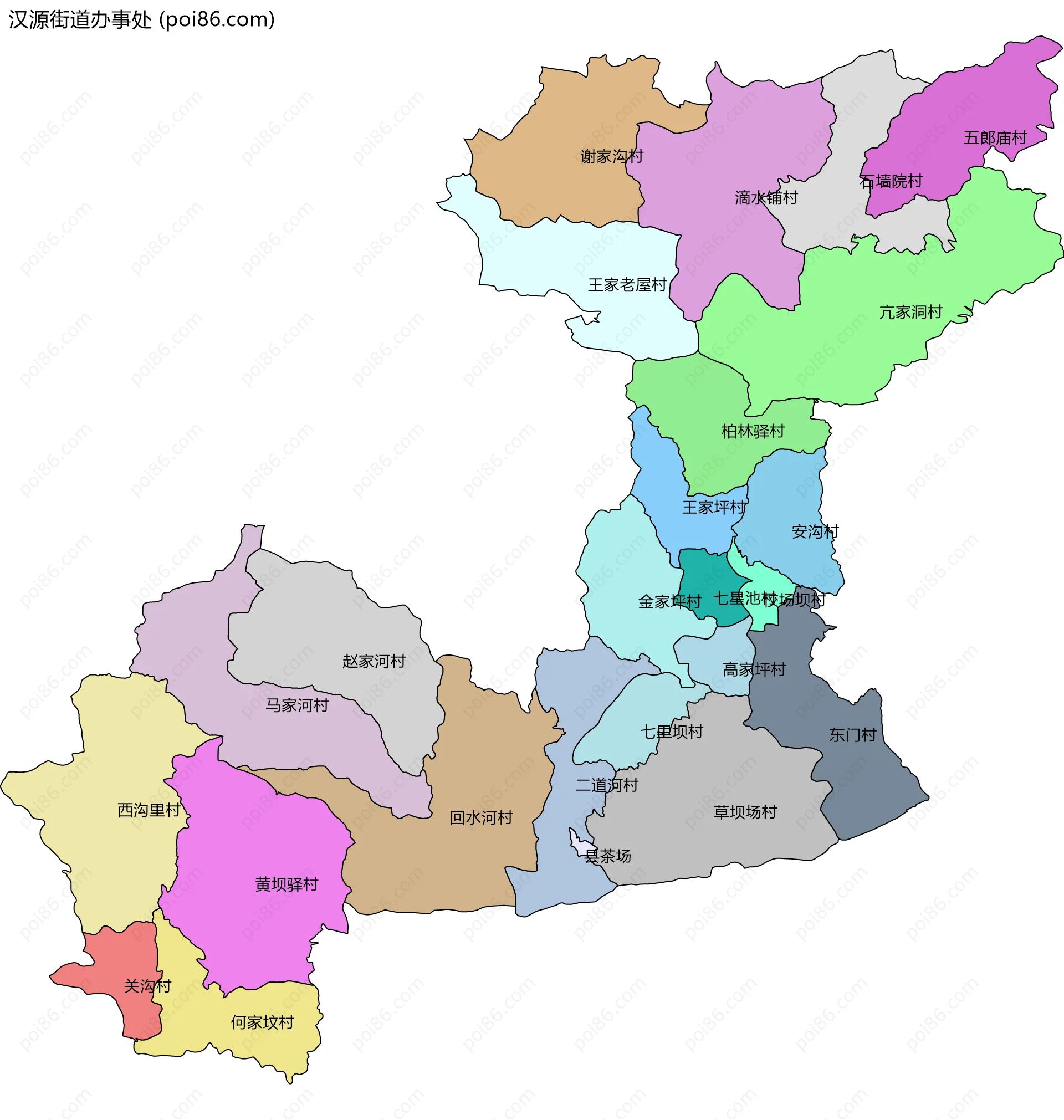 汉源街道办事处边界地图(五级行政区划)