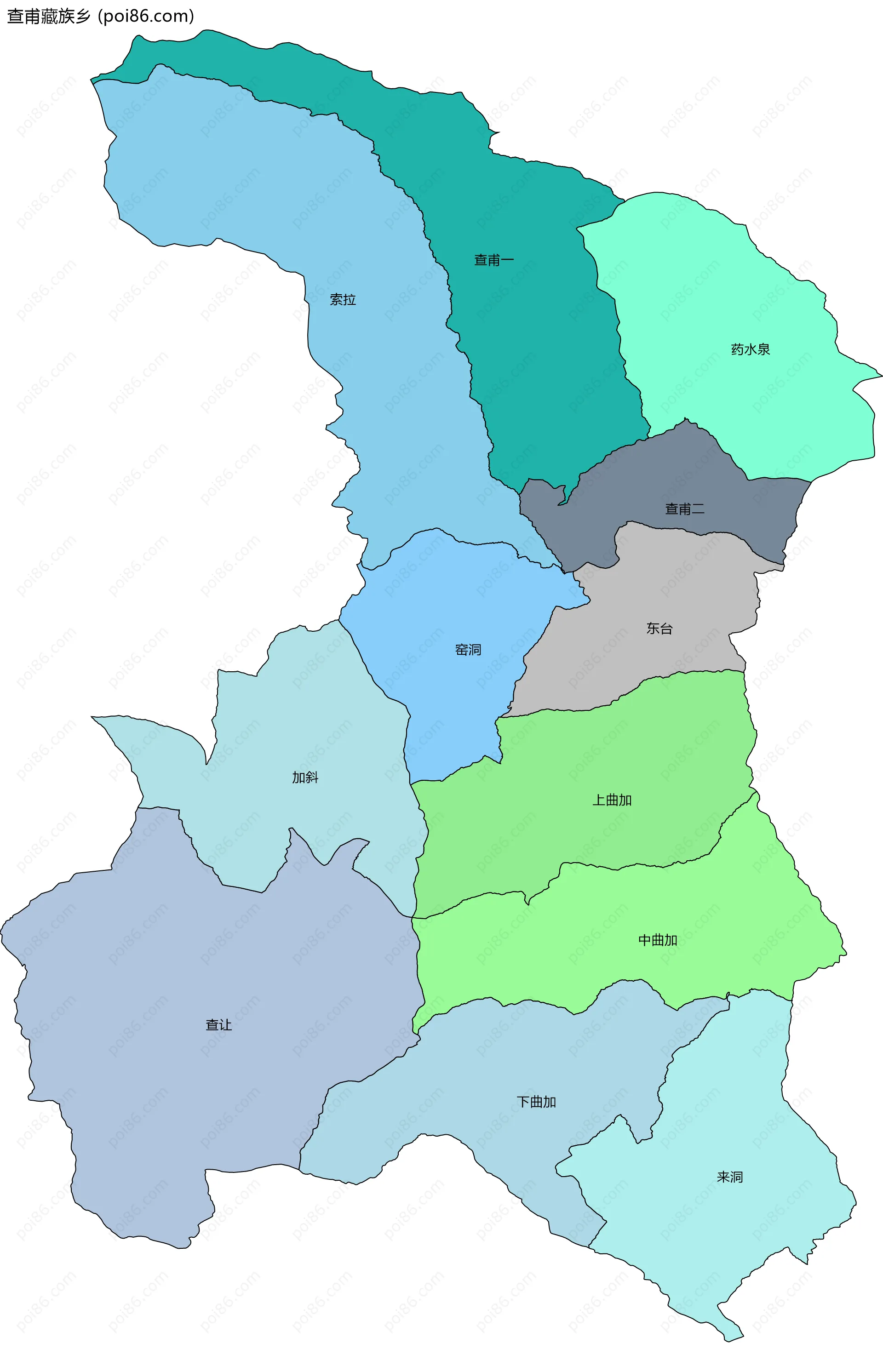 查甫藏族乡边界地图(五级行政区划)