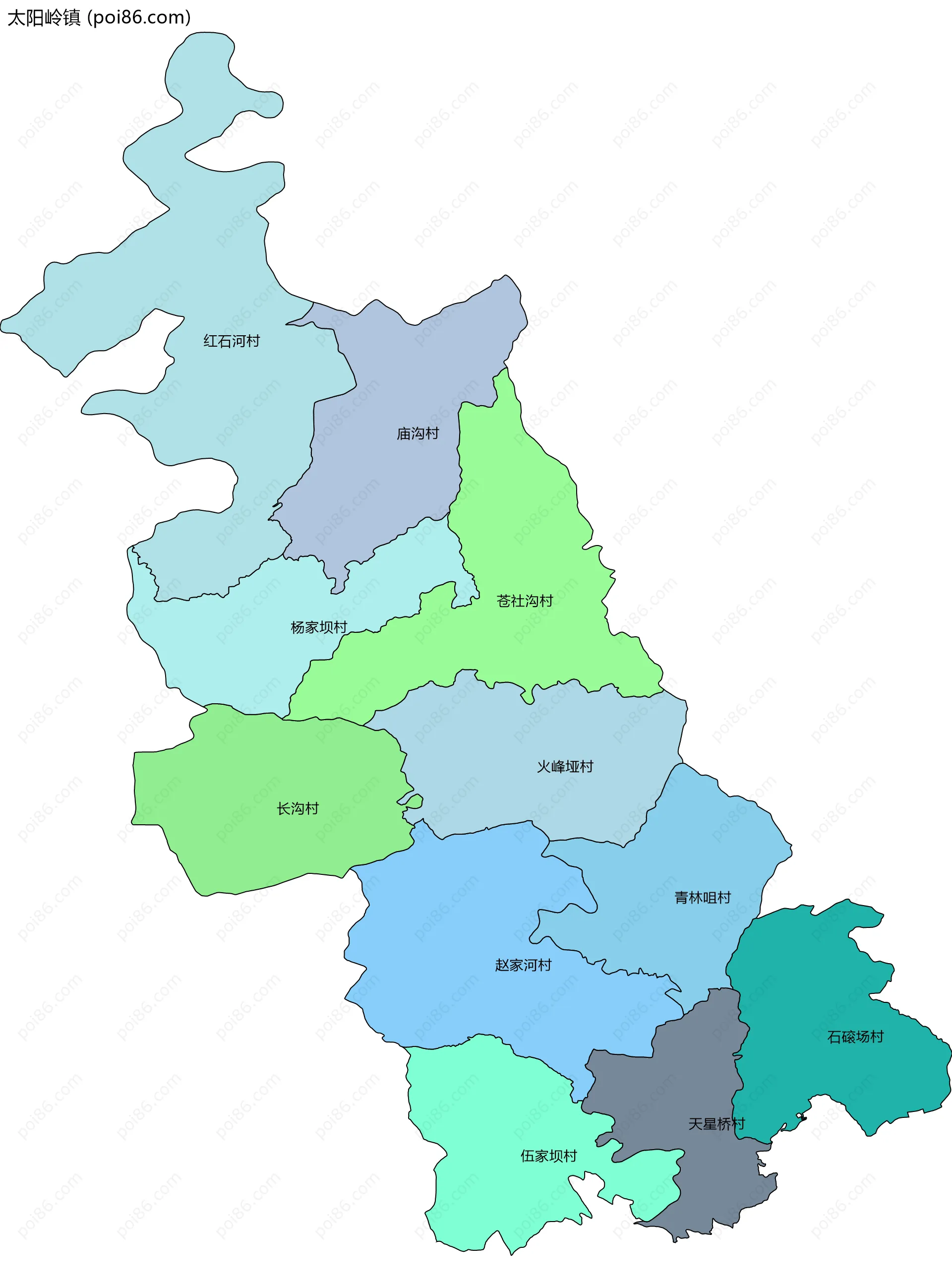 太阳岭镇边界地图(五级行政区划)