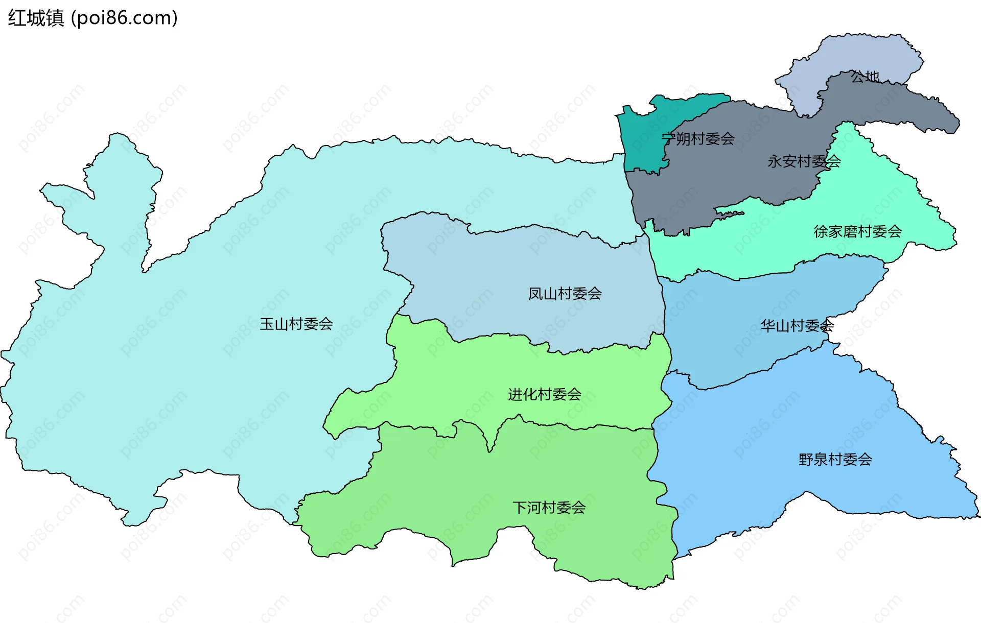 红城镇边界地图(五级行政区划)