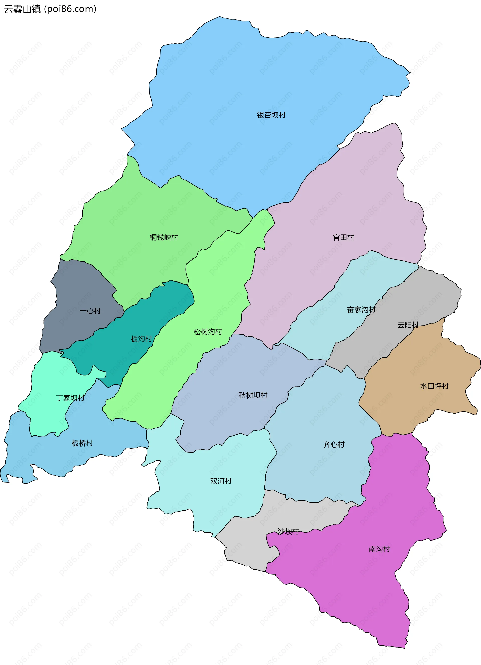 云雾山镇边界地图(五级行政区划)