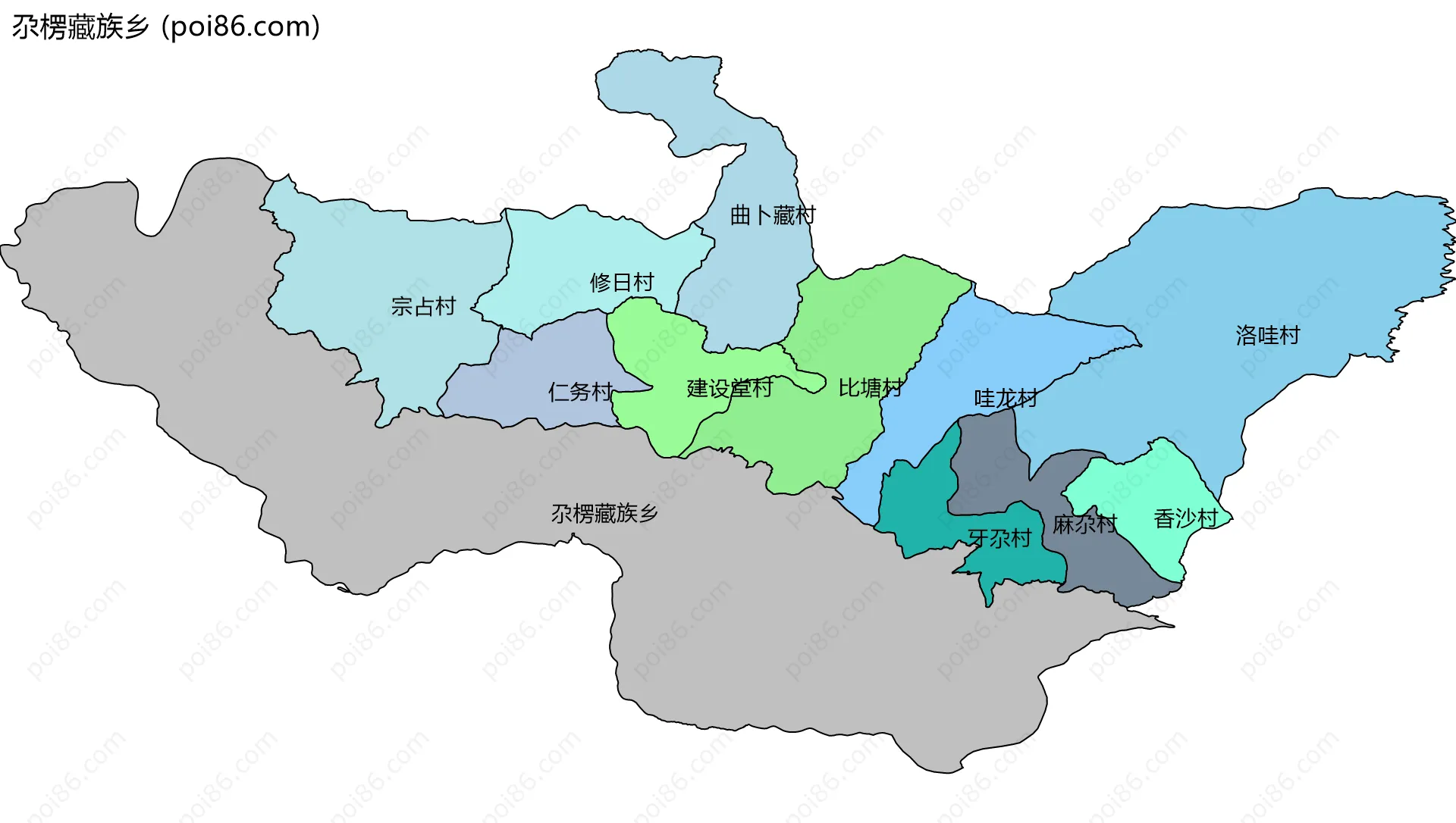 尕楞藏族乡边界地图(五级行政区划)