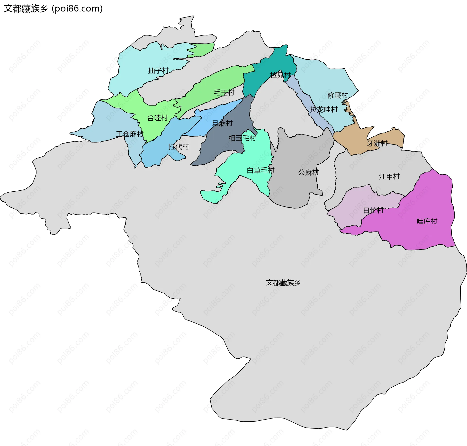 文都藏族乡边界地图(五级行政区划)