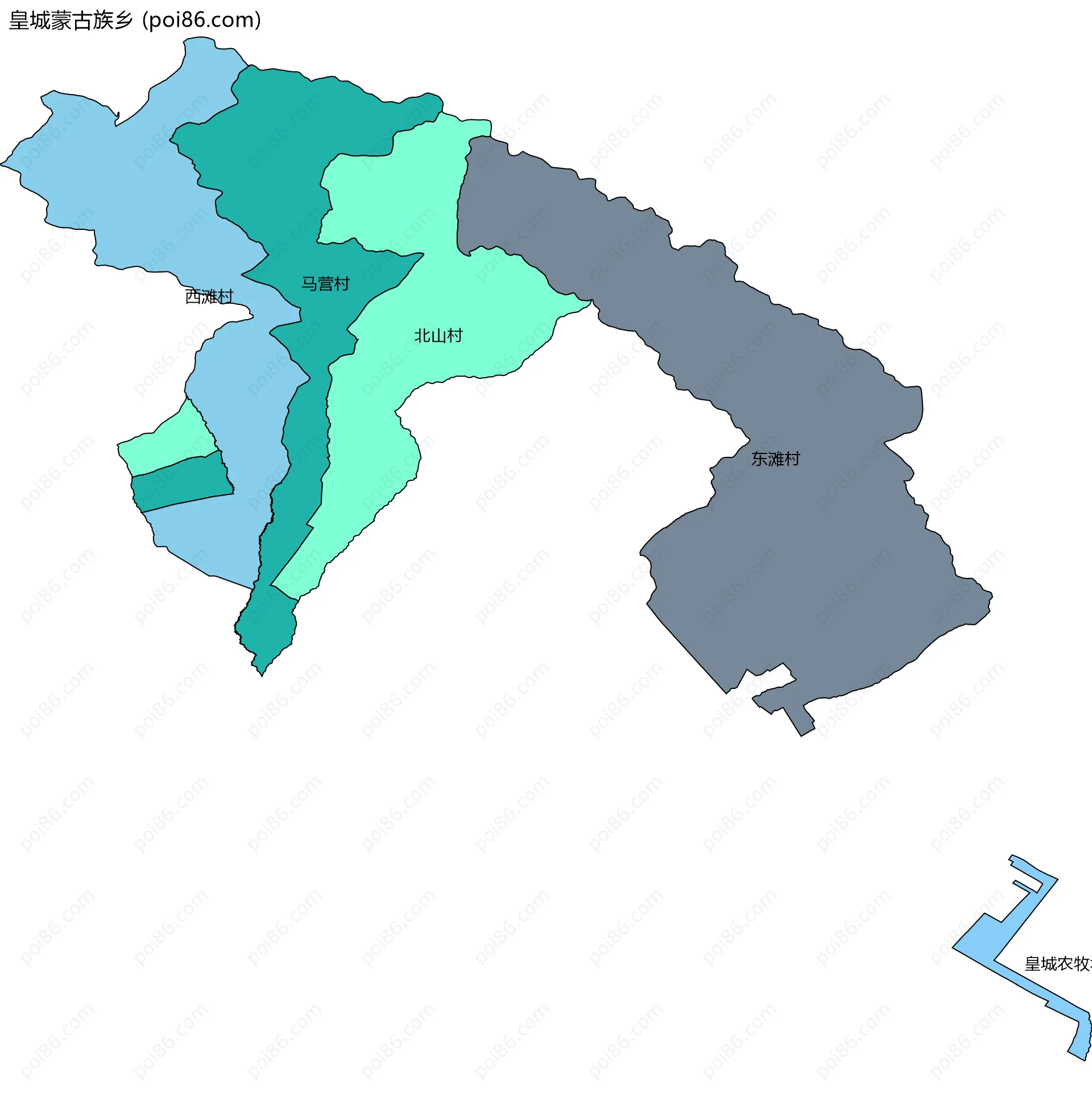 皇城蒙古族乡边界地图(五级行政区划)