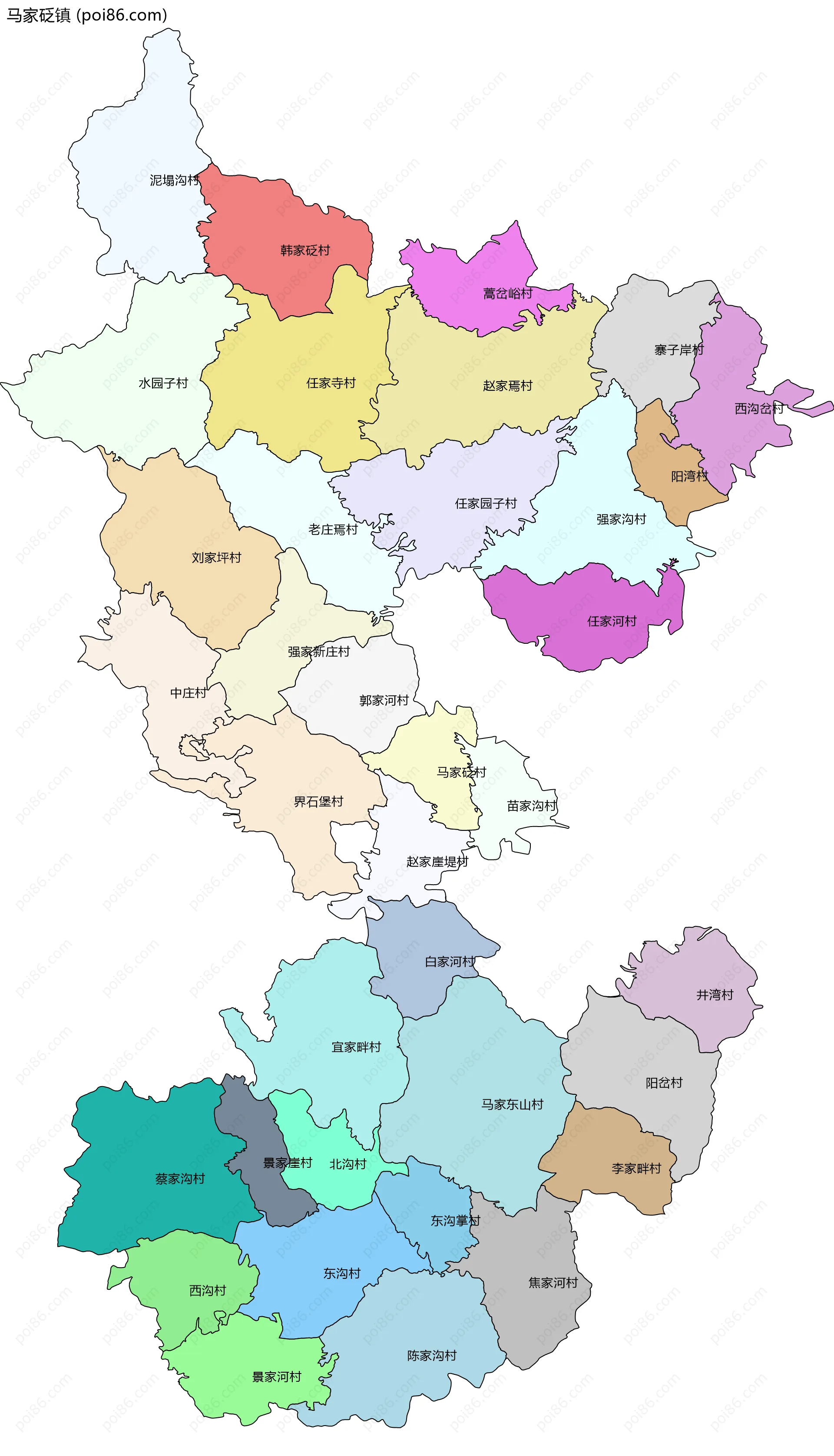 马家砭镇边界地图(五级行政区划)