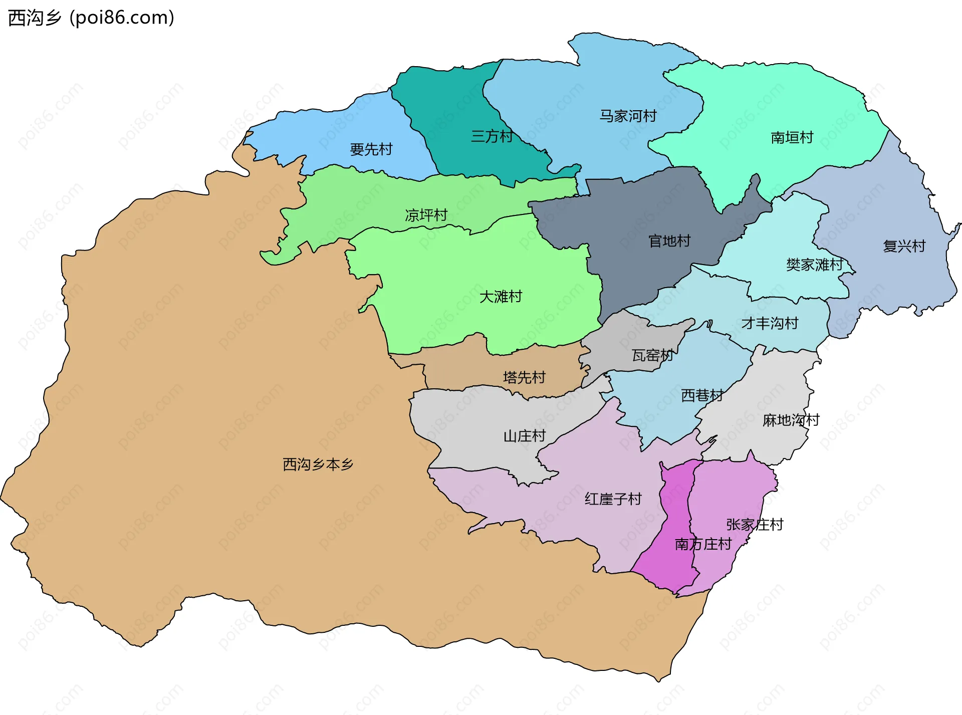 西沟乡边界地图(五级行政区划)