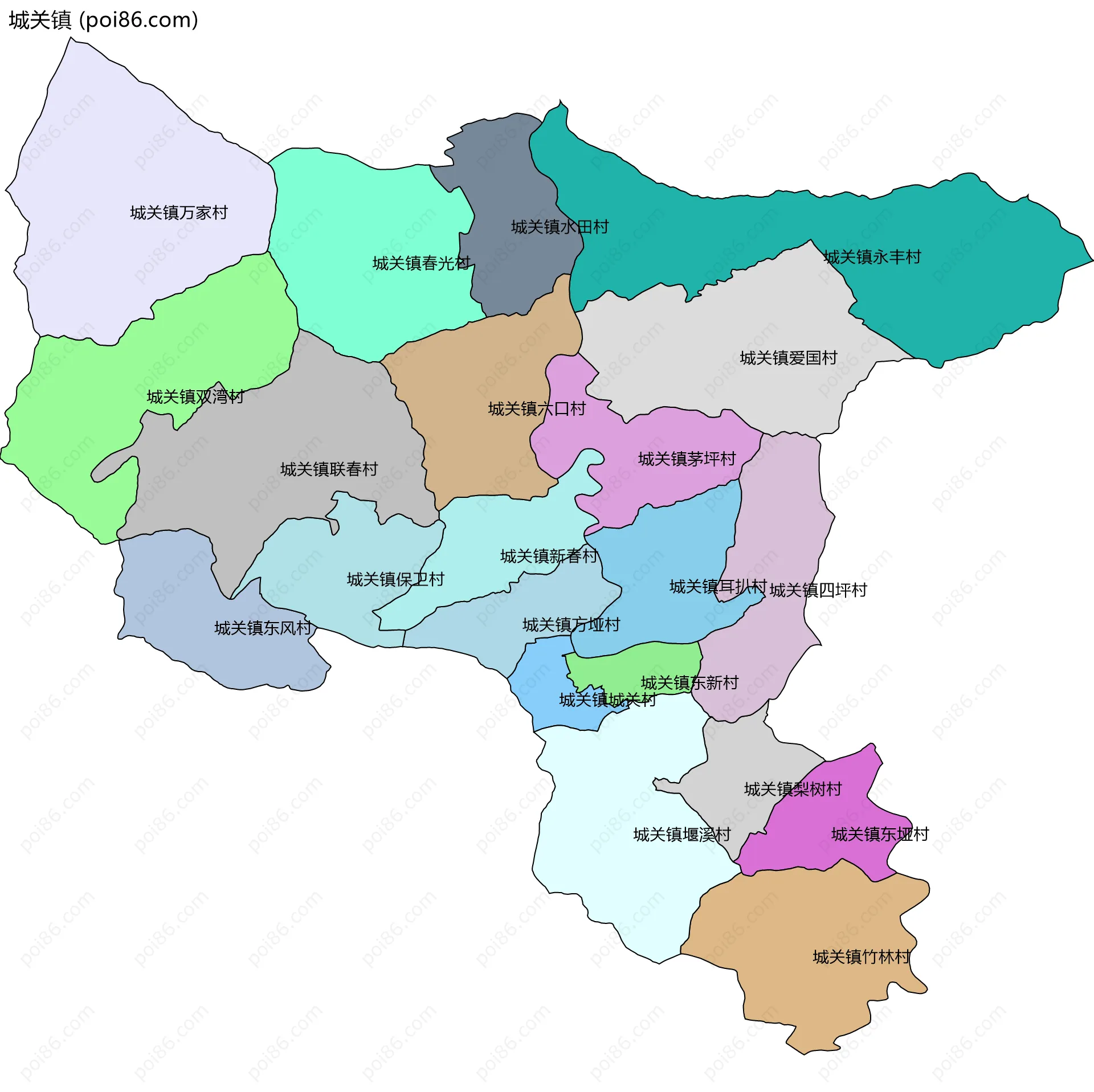 城关镇边界地图(五级行政区划)