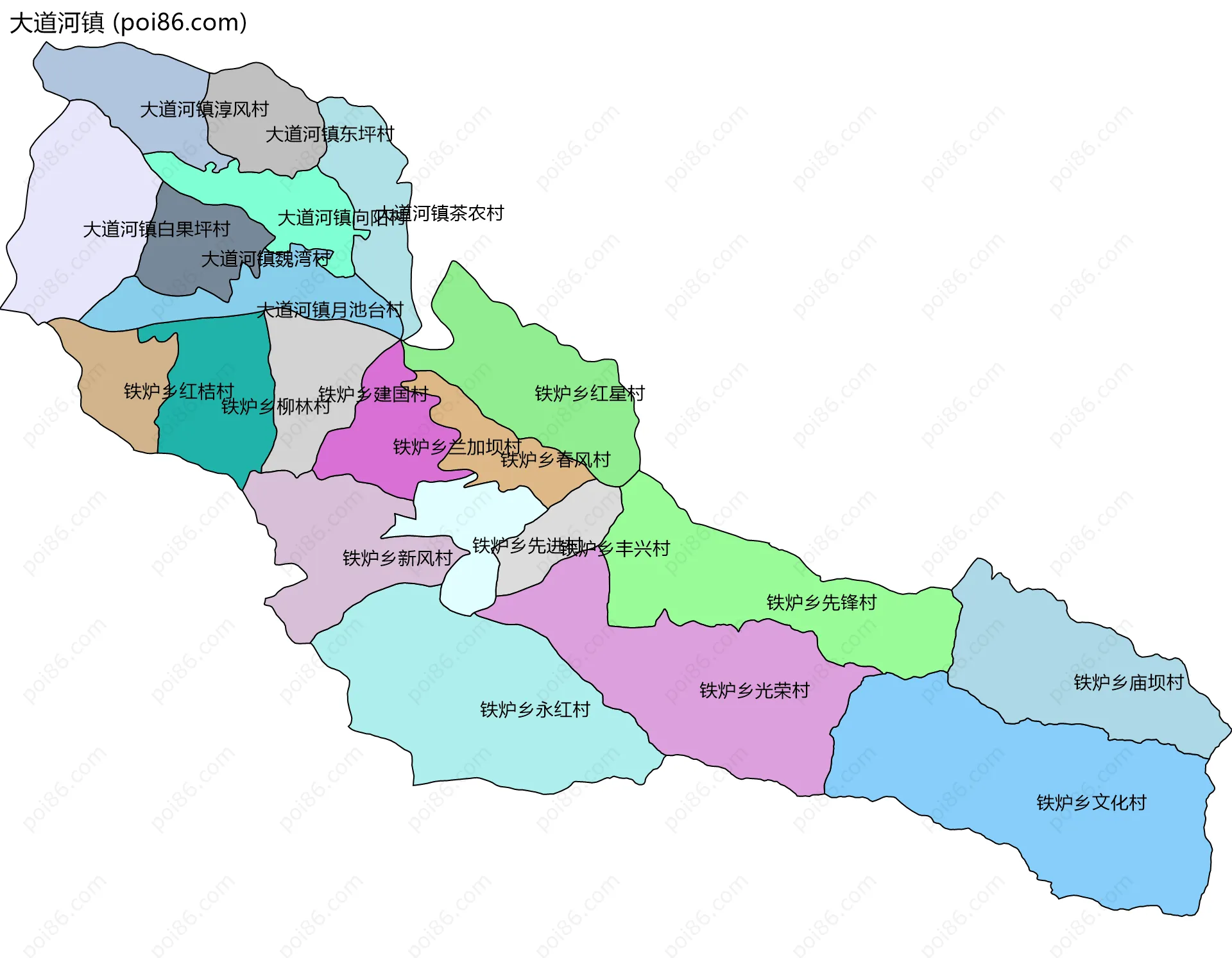 大道河镇边界地图(五级行政区划)