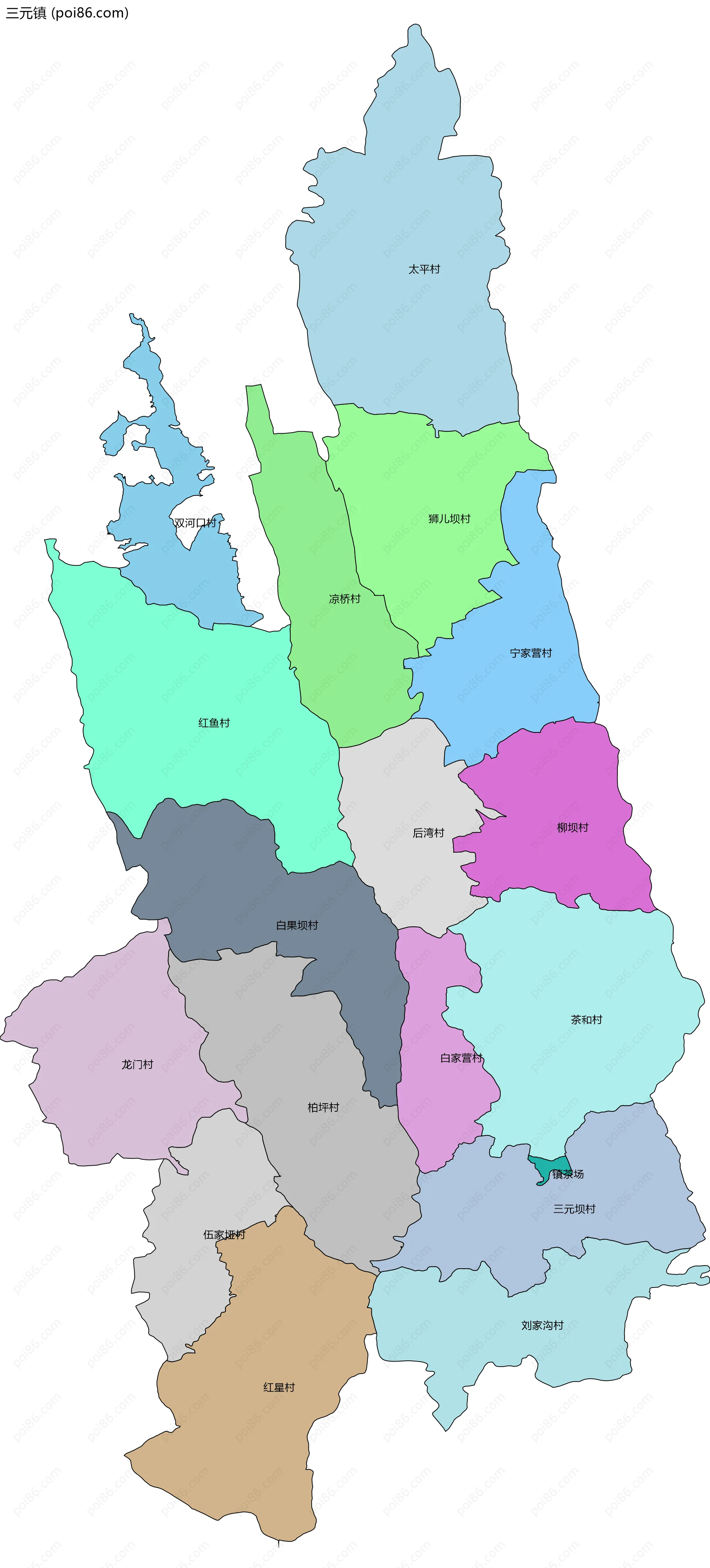 三元镇边界地图(五级行政区划)