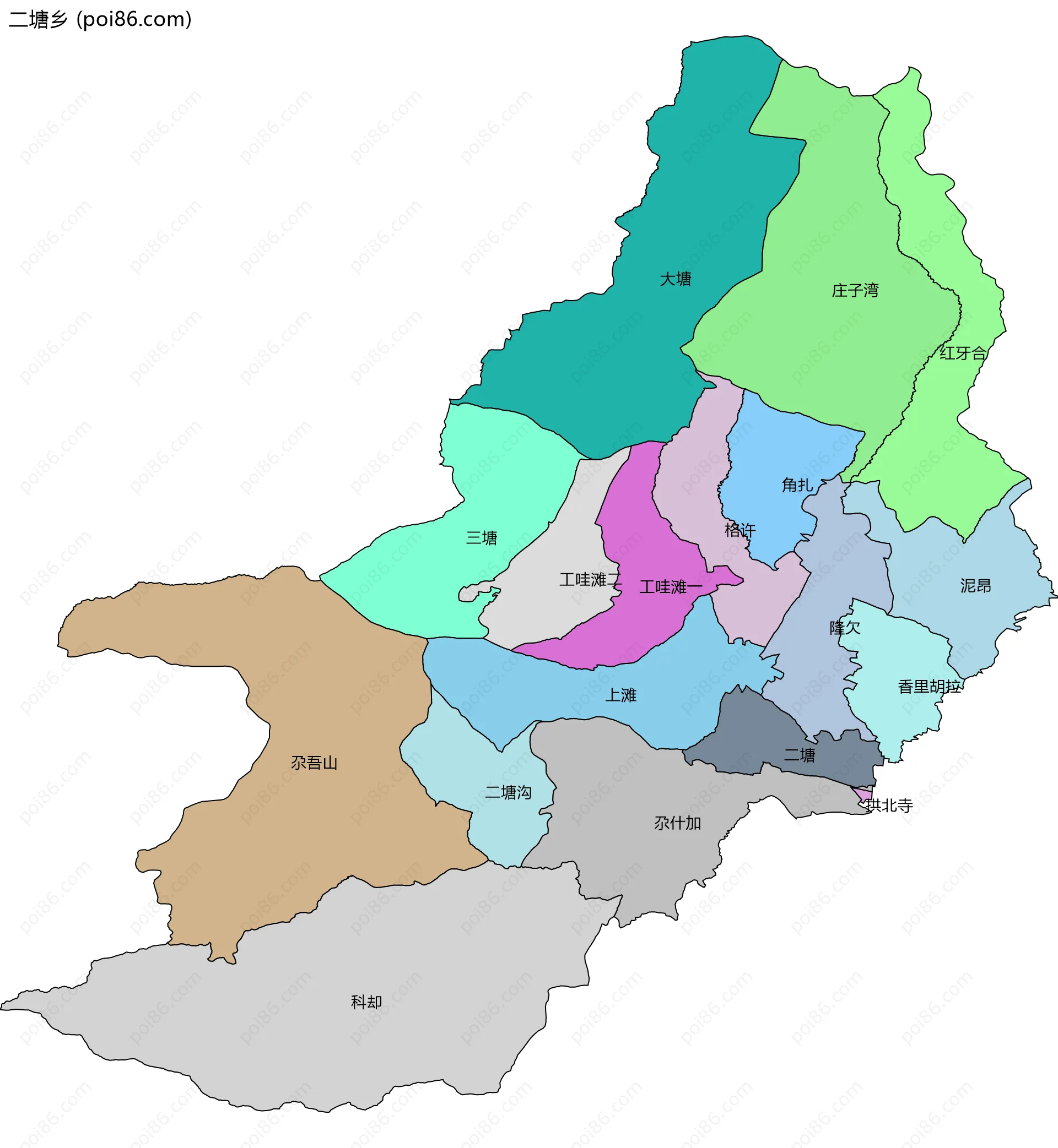 二塘乡边界地图(五级行政区划)