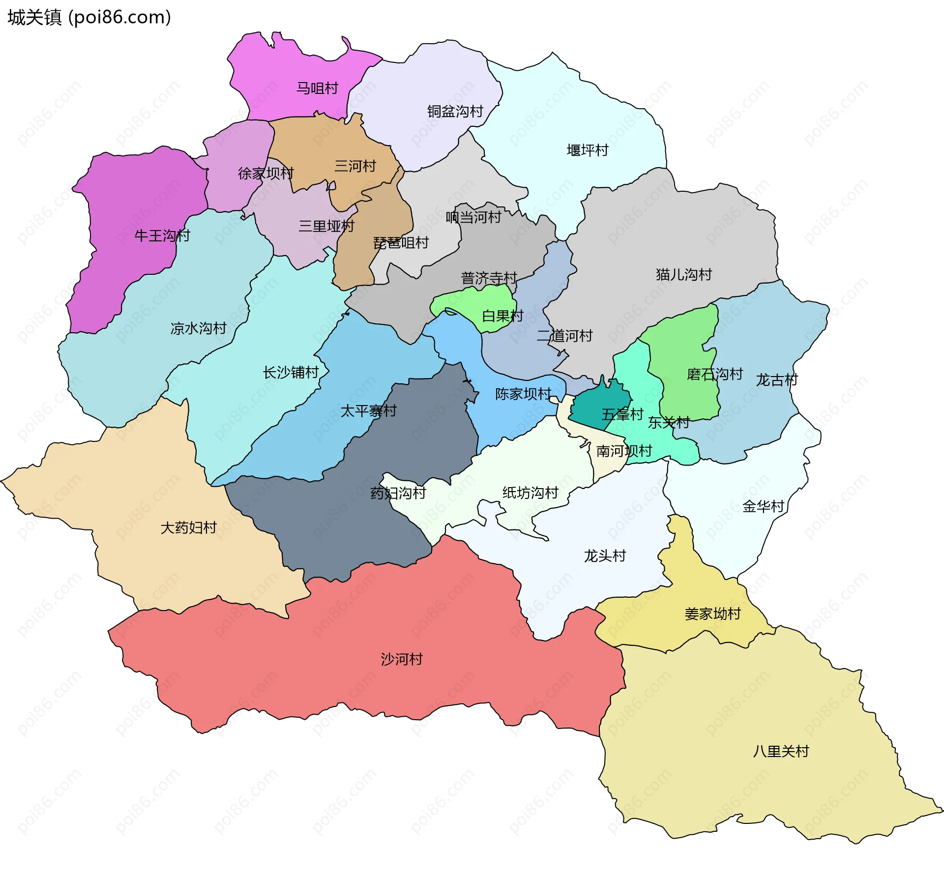 城关镇边界地图(五级行政区划)