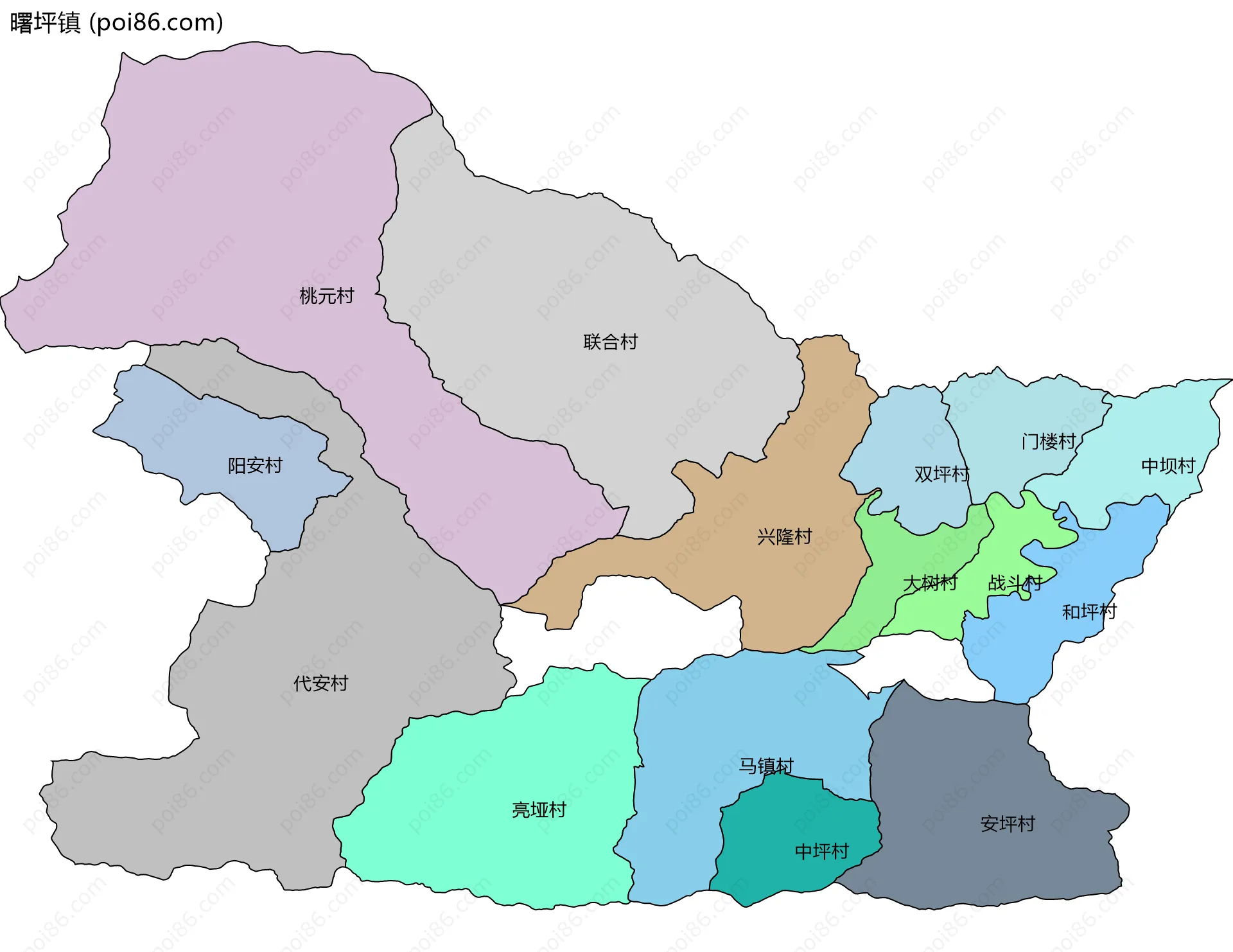 曙坪镇边界地图(五级行政区划)