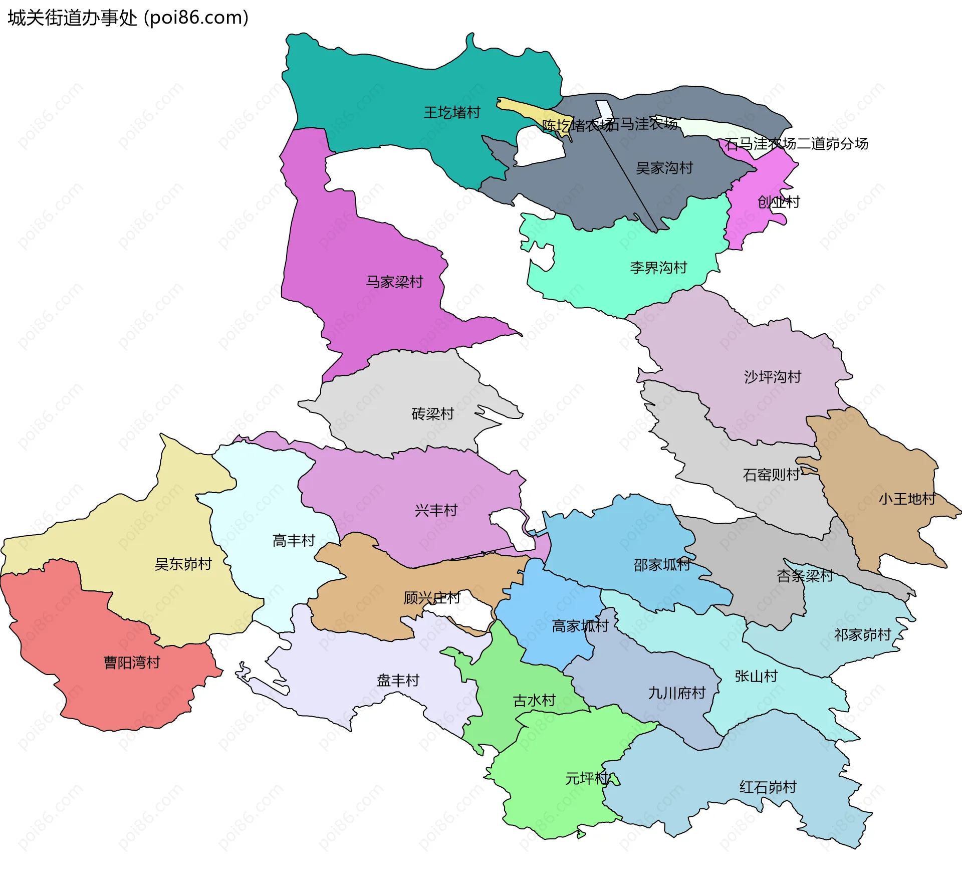 城关街道办事处边界地图(五级行政区划)