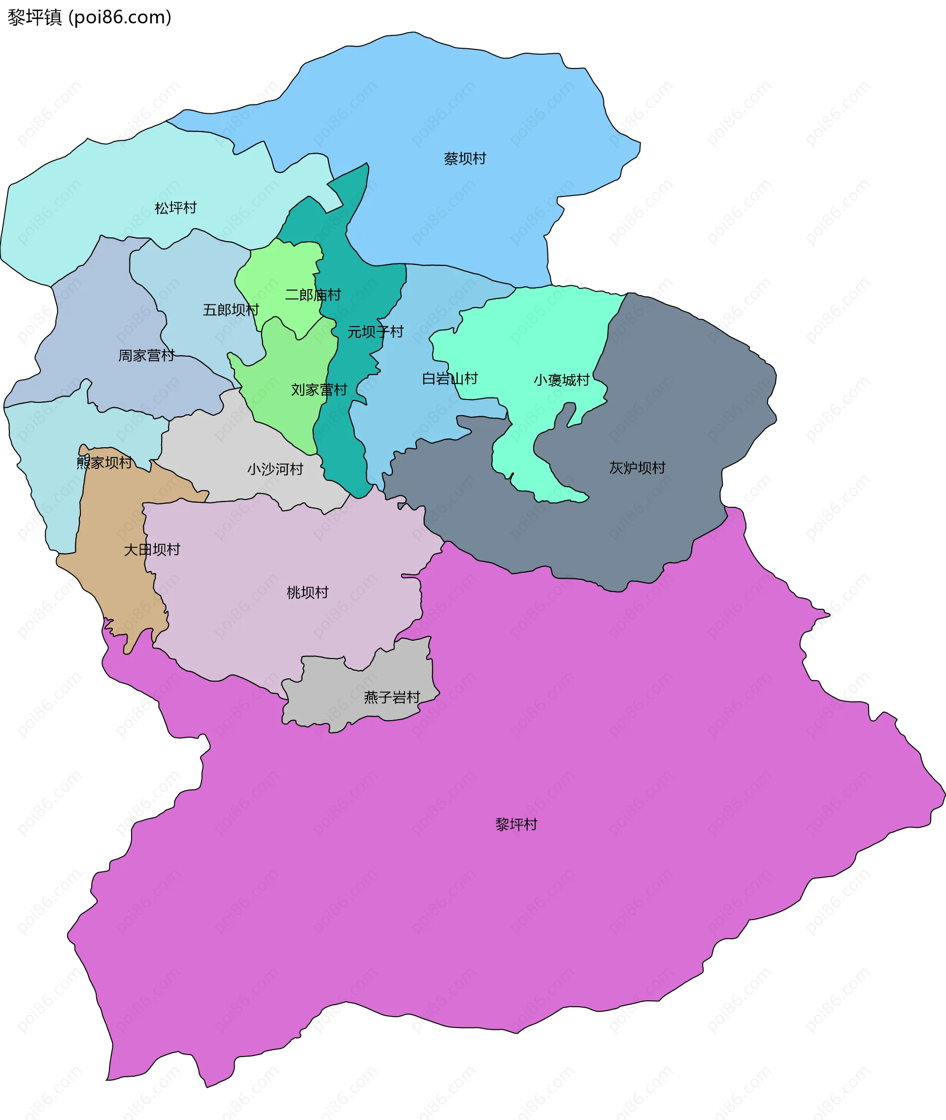 黎坪镇边界地图(五级行政区划)