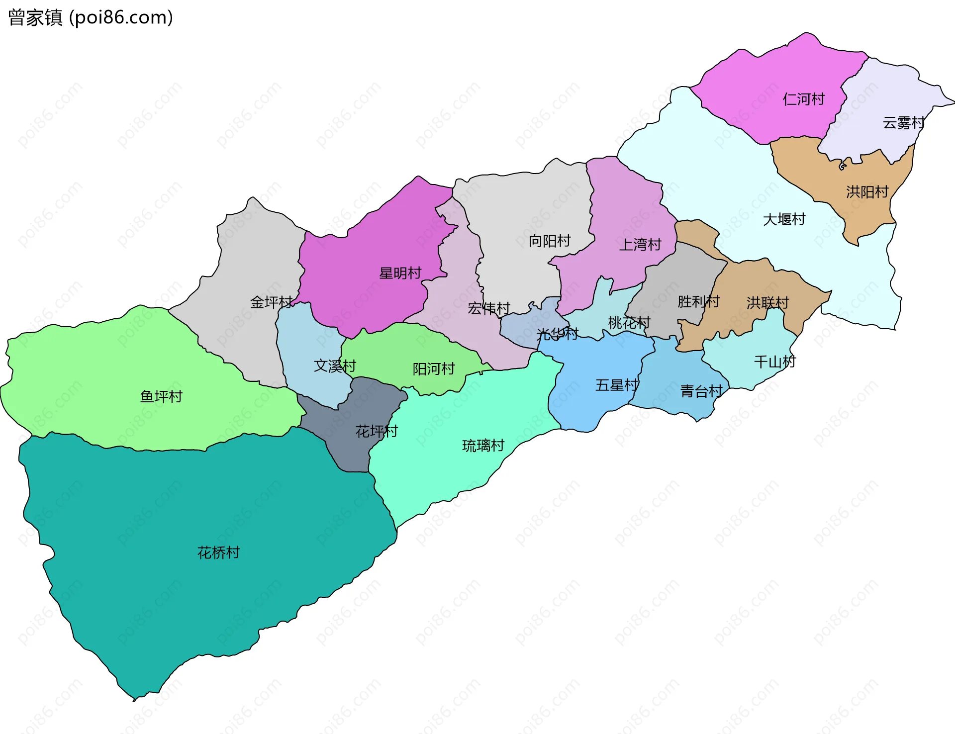 曾家镇边界地图(五级行政区划)