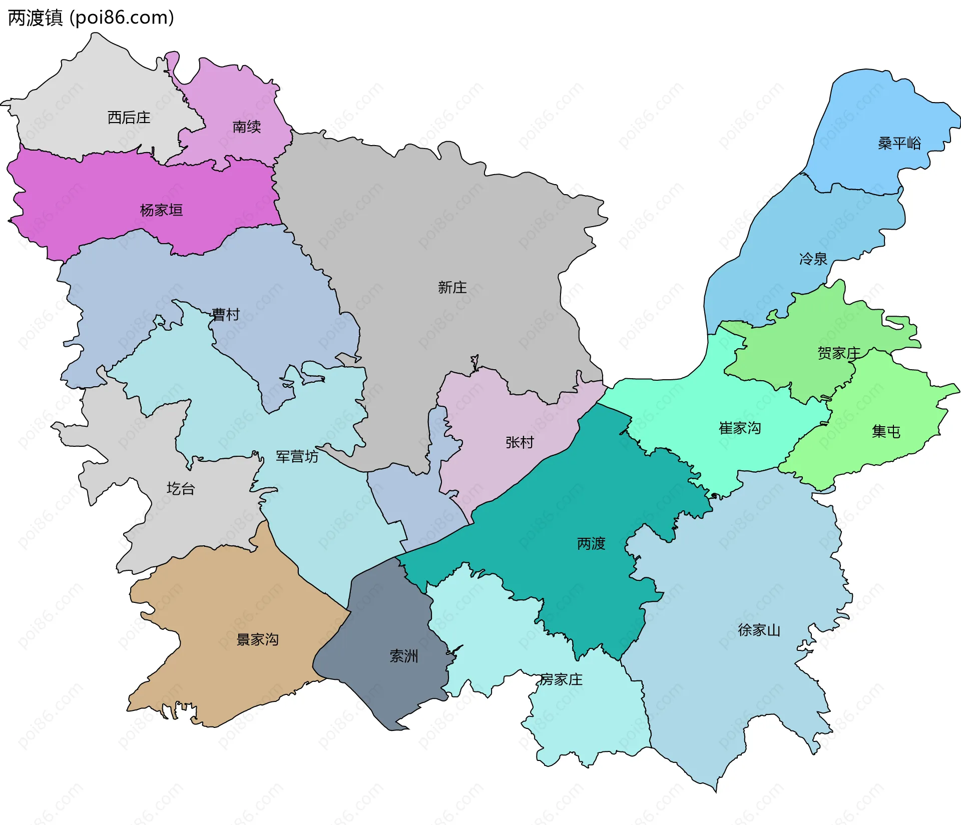 两渡镇边界地图(五级行政区划)